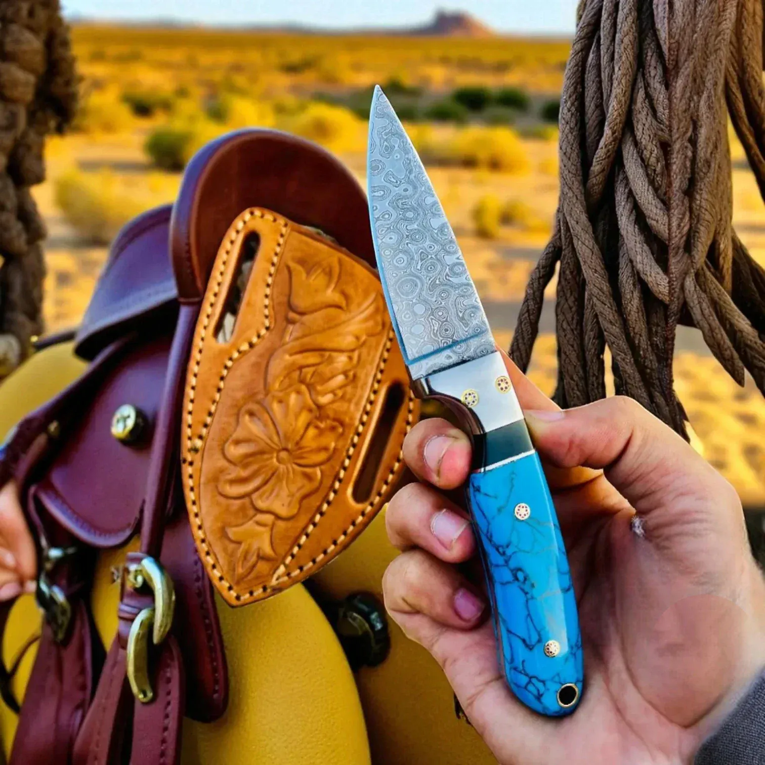 MALIKA KNIVES simple Cowboy Hunting Knife Damascus Steel Marble Handle