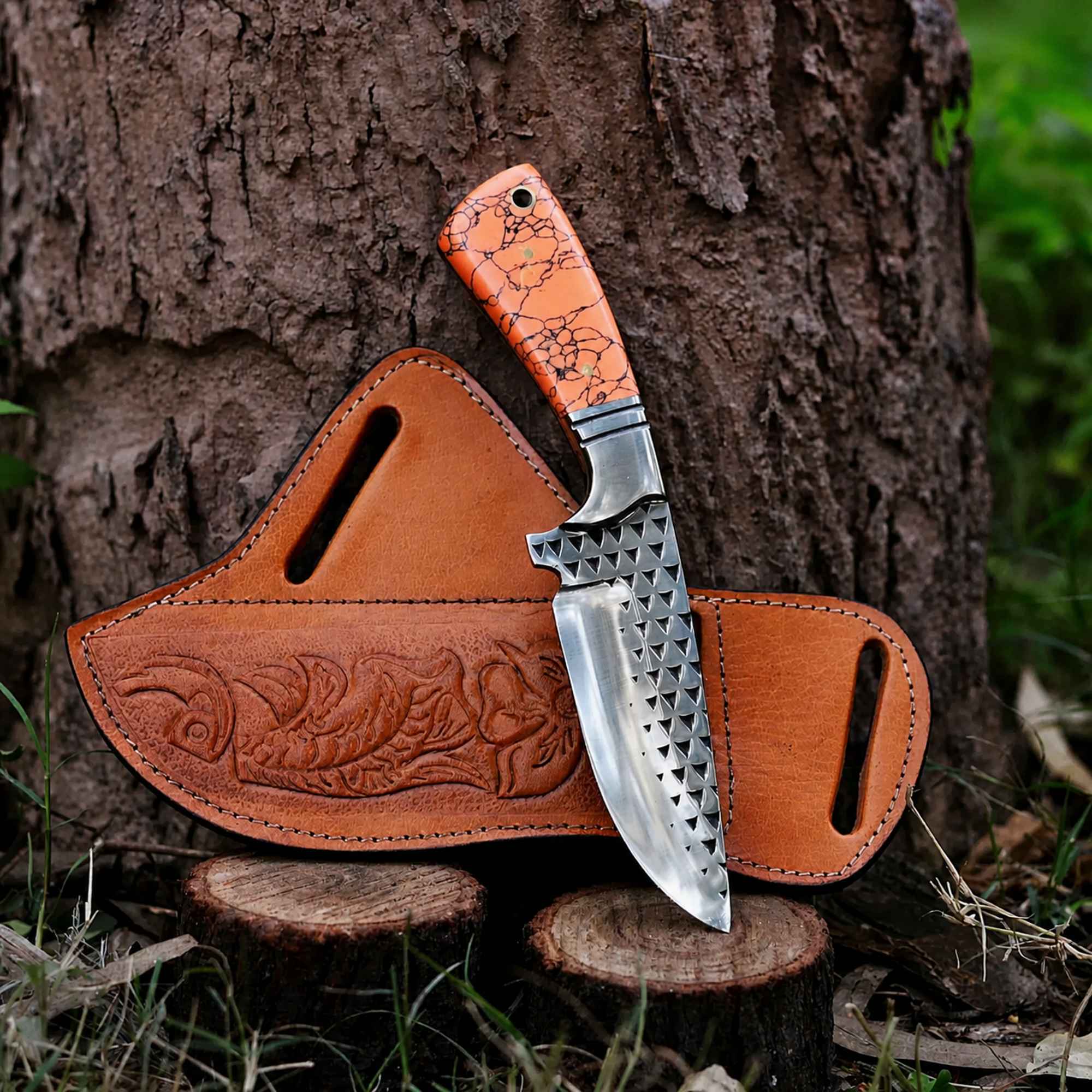 MALIKA KNIVES simple Cowboy Hunting Knife Rasp D2 Steel Turquoise Handle