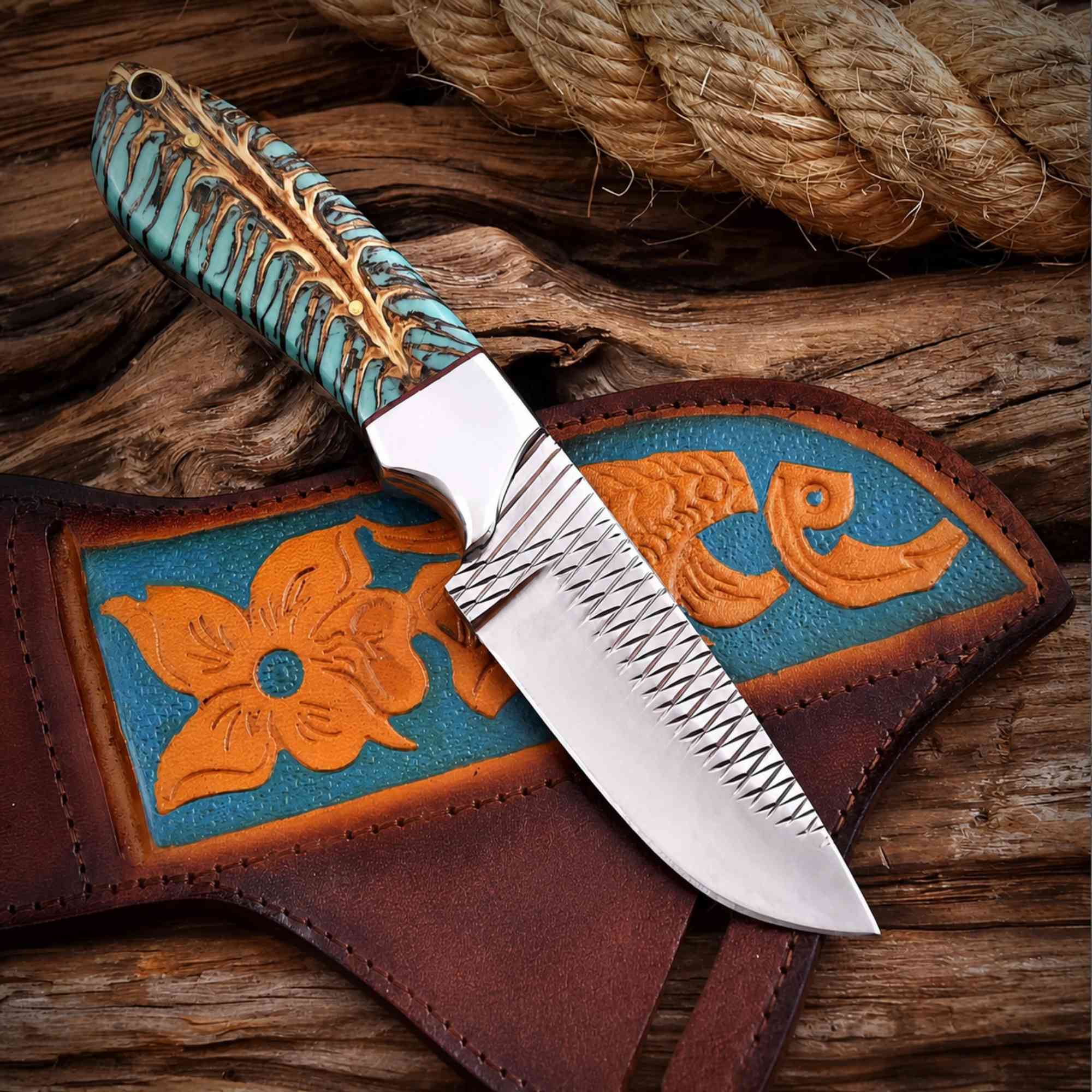 MALIKA KNIVES simple Cowboy Hunting Knife Rasp Steel Pinecone Handle