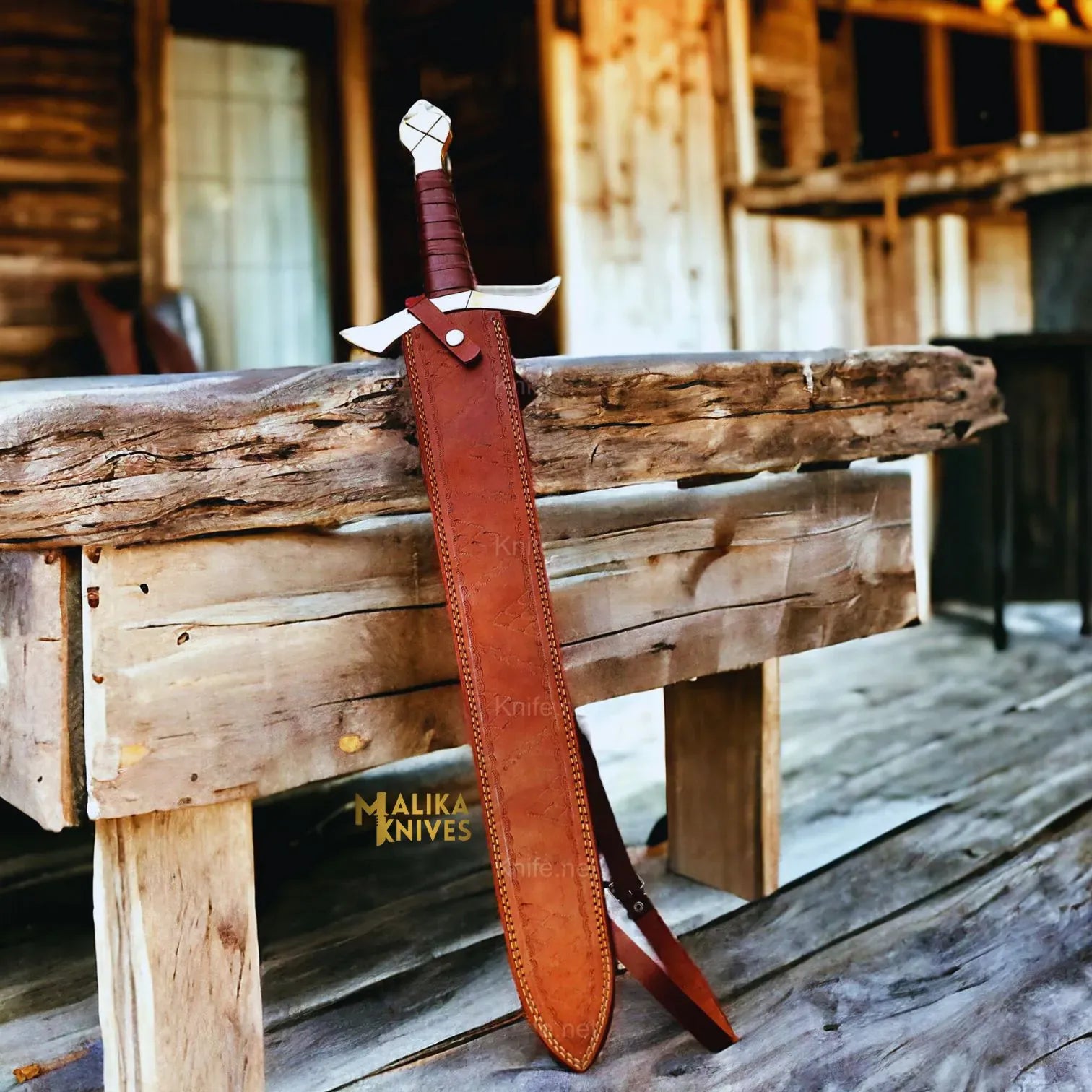 MALIKA KNIVES simple Custom Damascus Crusades sword with Leather sheath-909