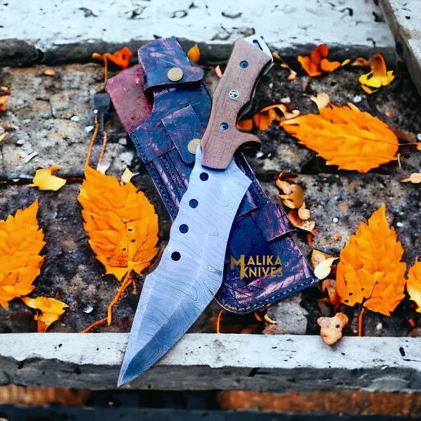 MALIKA KNIVES simple Custom Damascus Tracker Bowie Knife Micarta