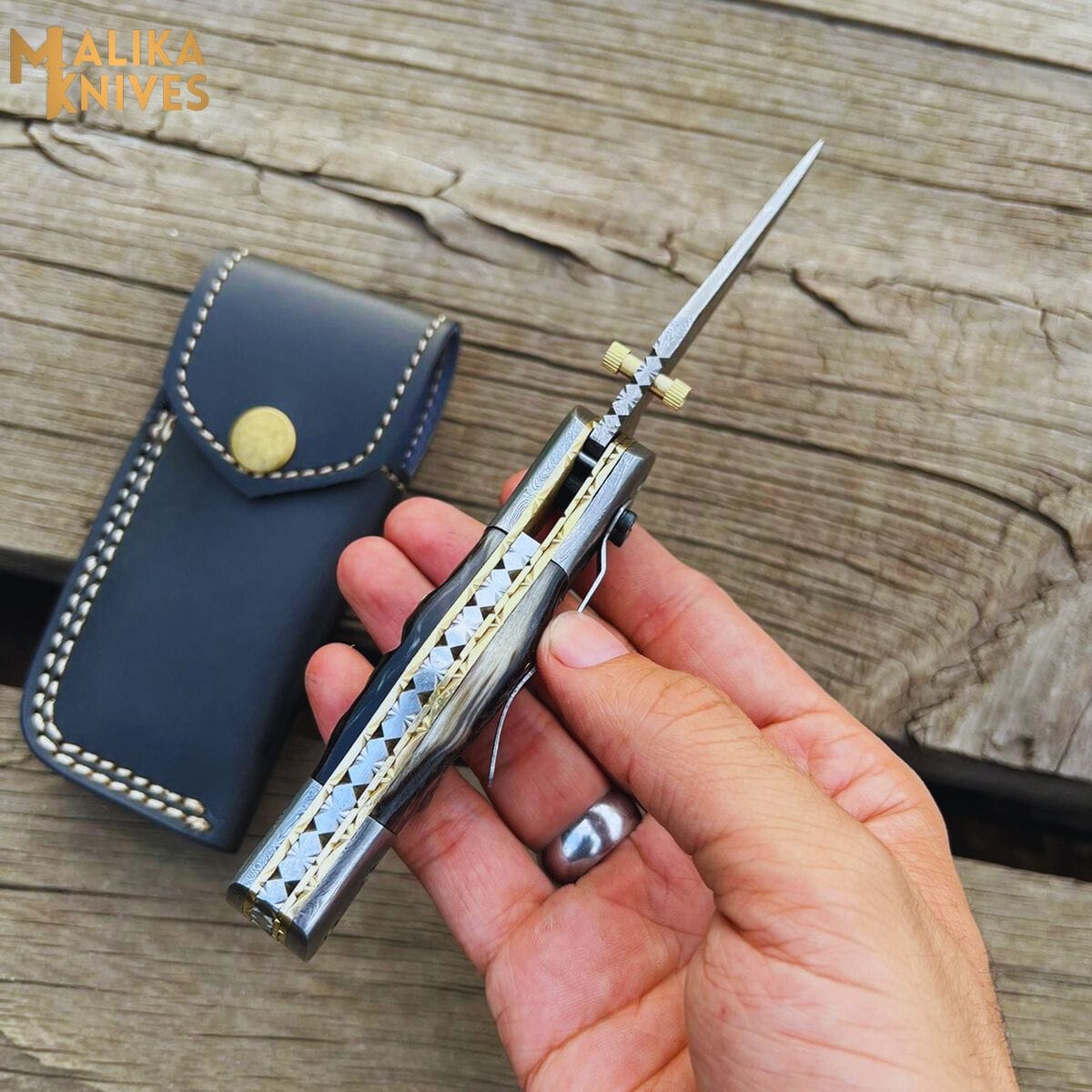 MALIKA KNIVES simple Custom Handmade Folding knife with Ram horn handle-0803