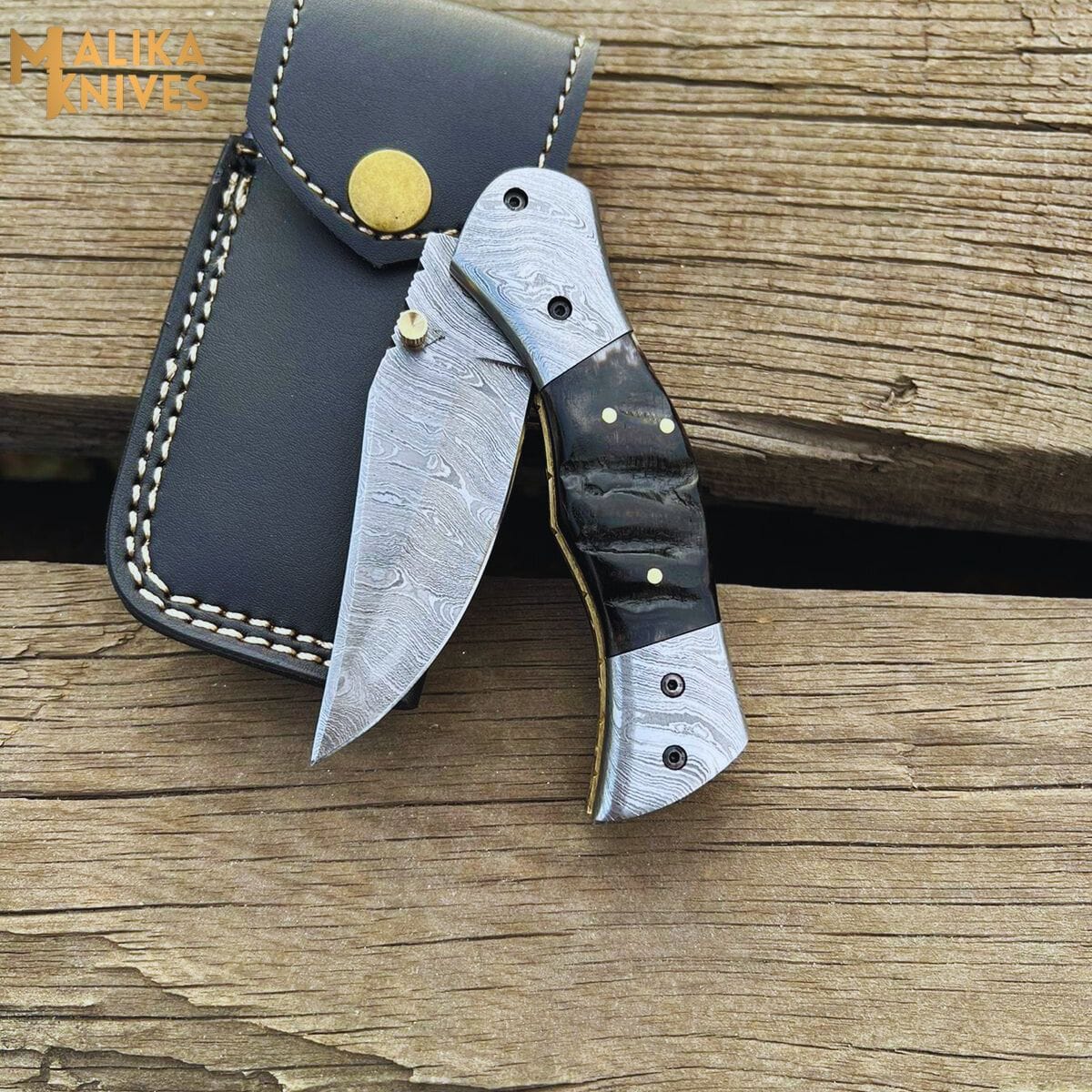 MALIKA KNIVES simple Custom Handmade Folding knife with Ram horn handle-0803