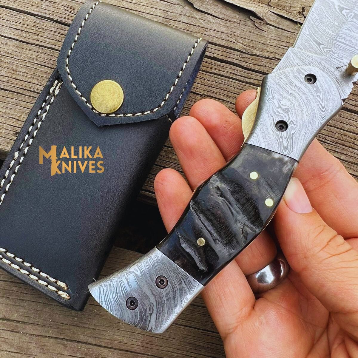 MALIKA KNIVES simple Custom Handmade Folding knife with Ram horn handle-0803