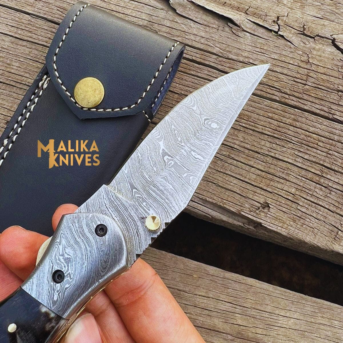 MALIKA KNIVES simple Custom Handmade Folding knife with Ram horn handle-0803