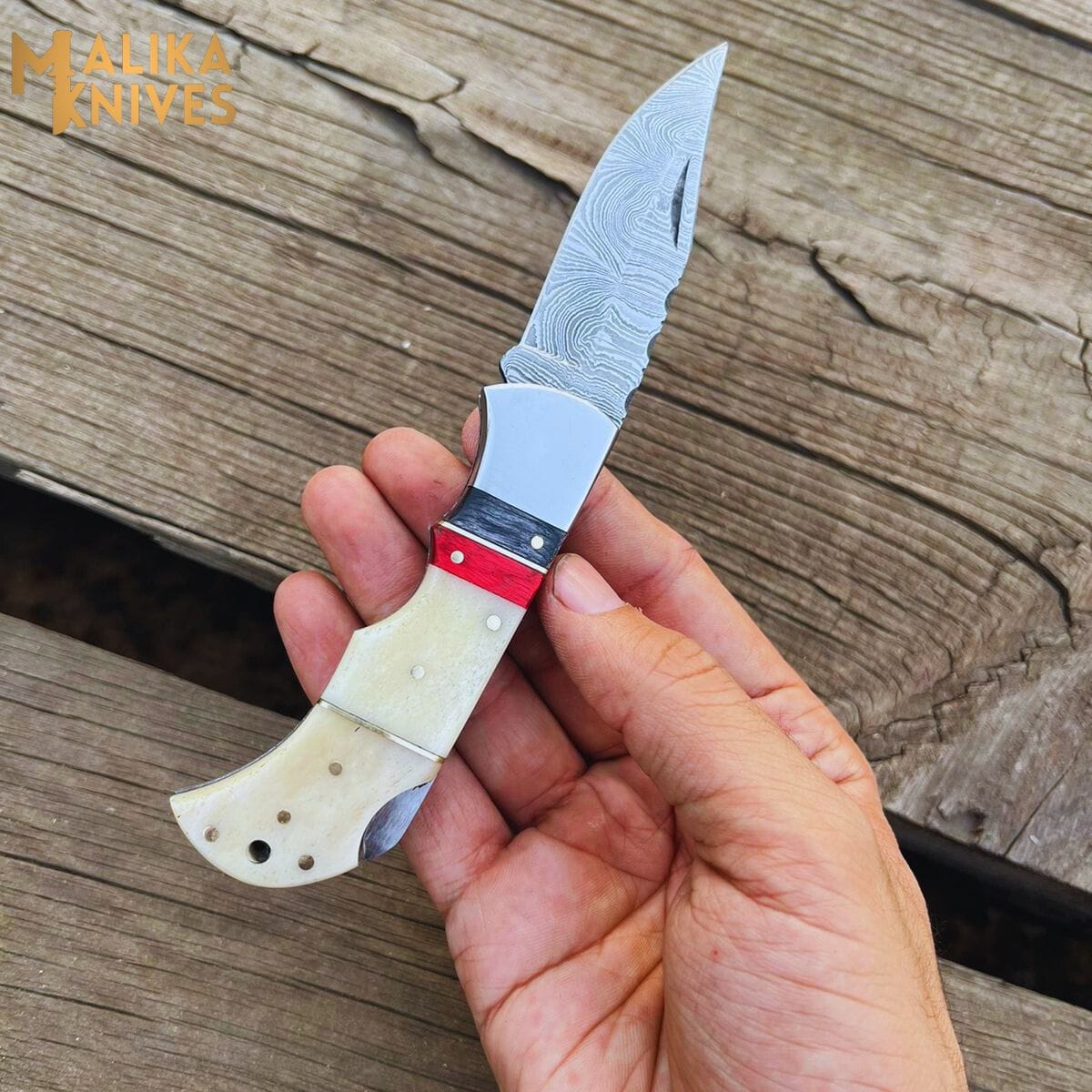 MALIKA KNIVES simple Custom Handmade Thumb Lock (Back Lock) Folding Knife with Camel Bone handle-0802