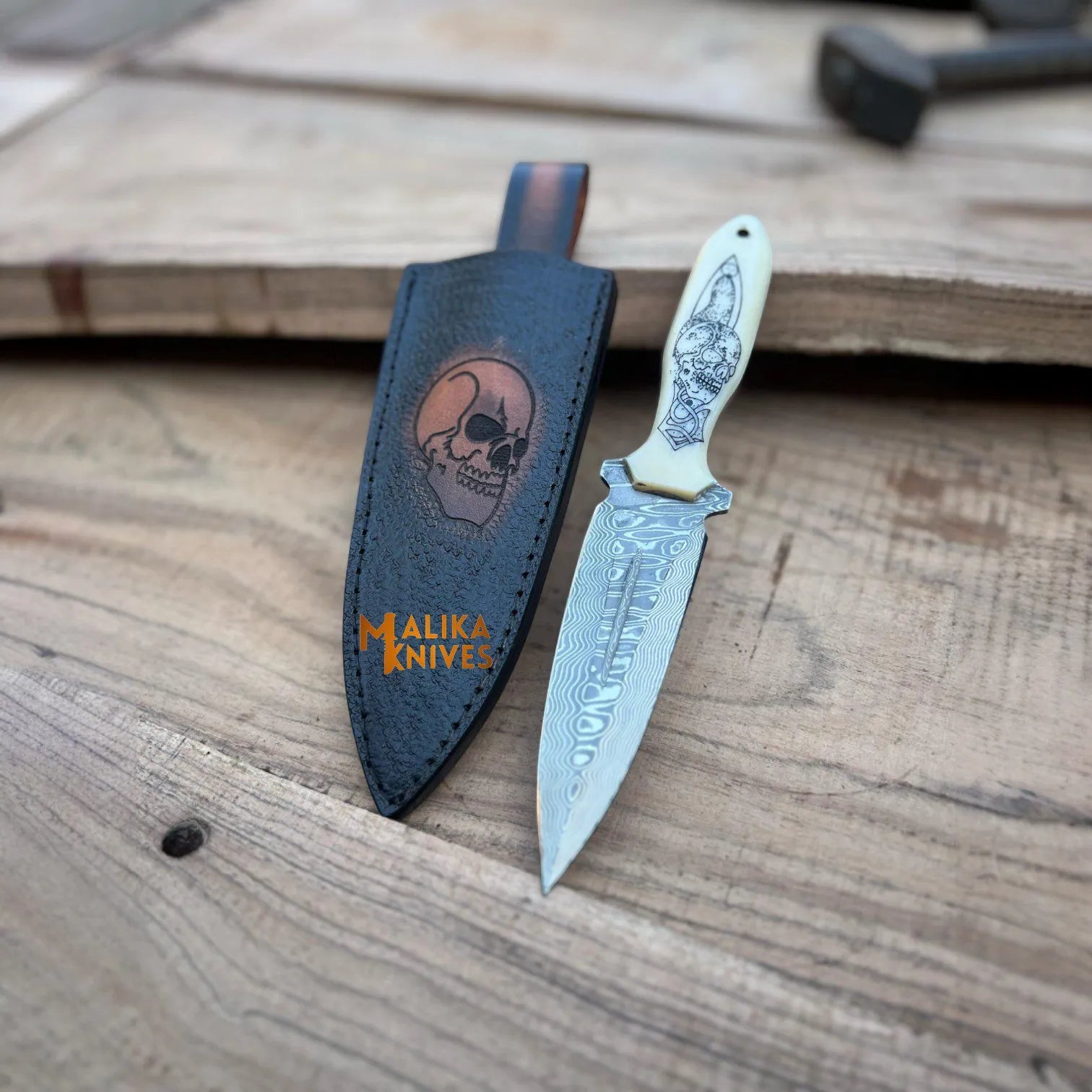 MALIKA KNIVES simple Custom Hunting Dagger Knife – Skull Engraved Camel Bone Handle