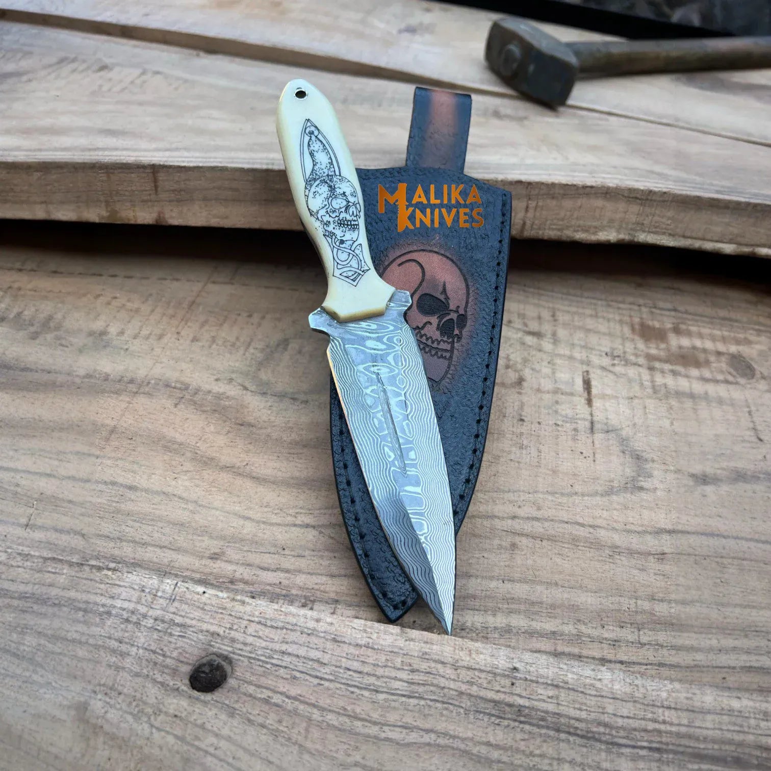 MALIKA KNIVES simple Custom Hunting Dagger Knife – Skull Engraved Camel Bone Handle