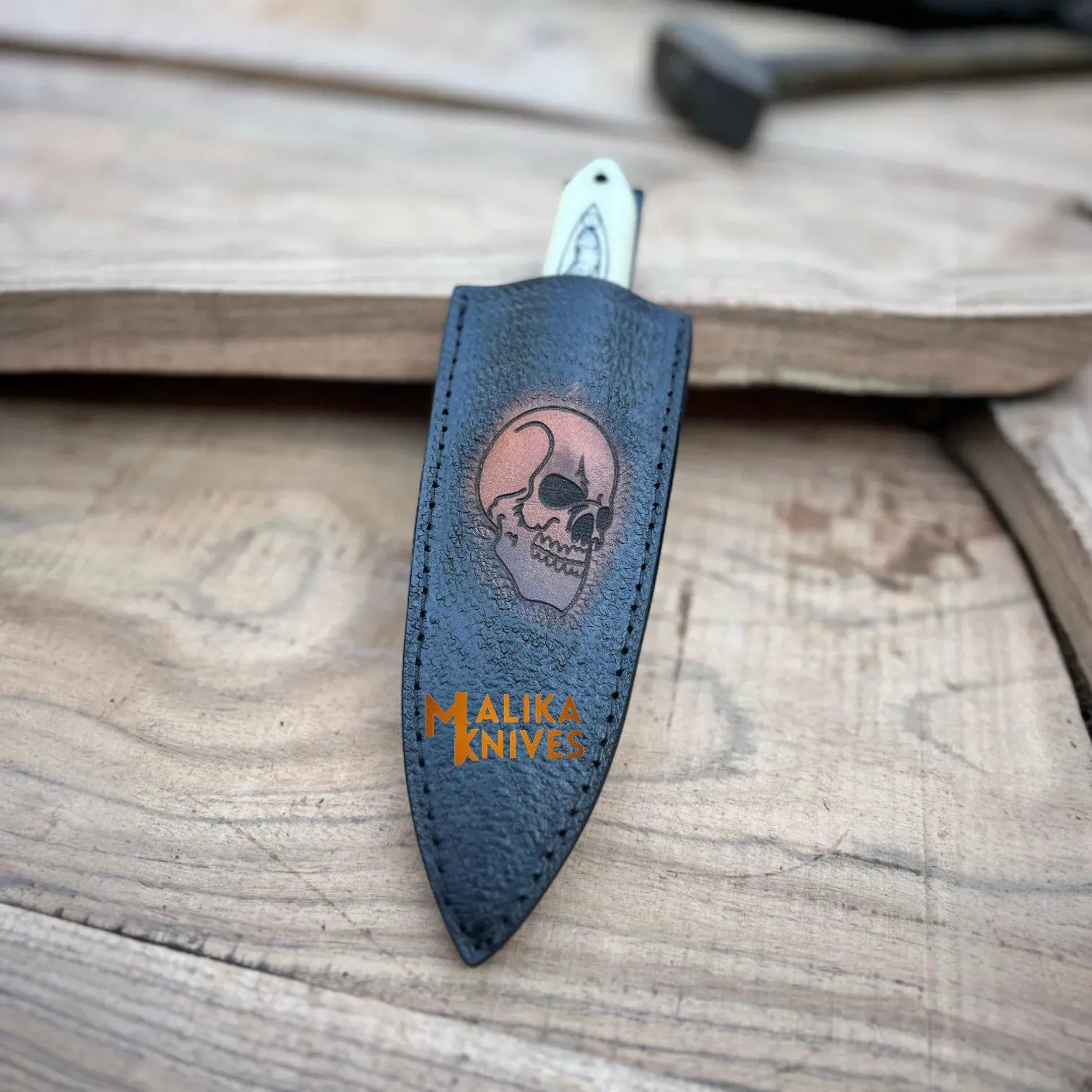 MALIKA KNIVES simple Custom Hunting Dagger Knife – Skull Engraved Camel Bone Handle