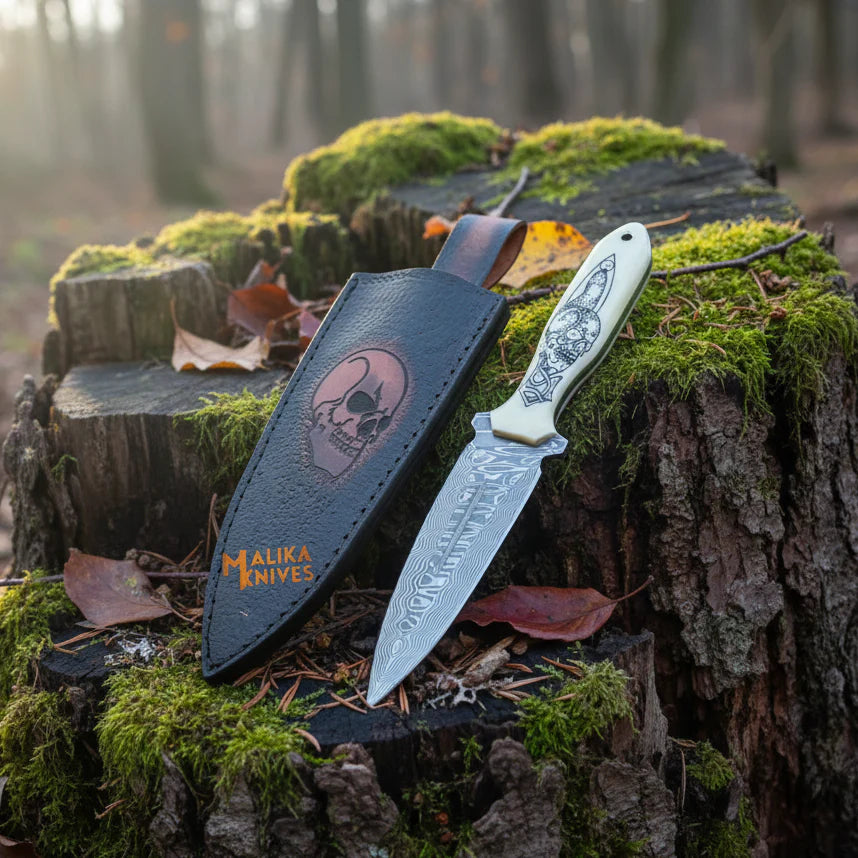 MALIKA KNIVES simple Custom Hunting Dagger Knife – Skull Engraved Camel Bone Handle