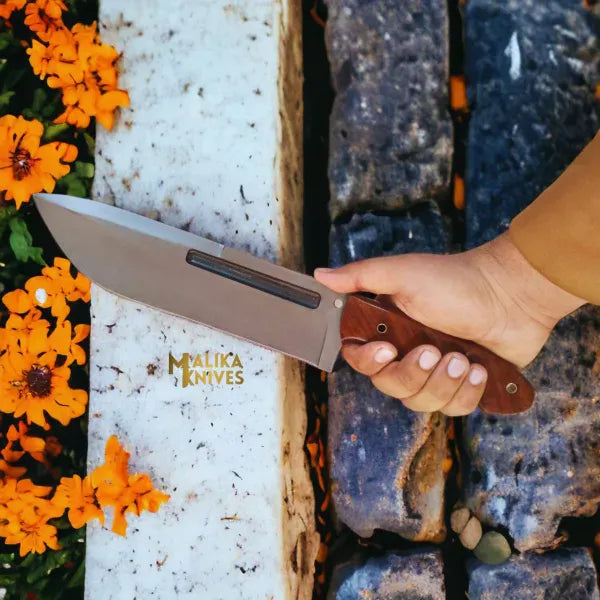 MALIKA KNIVES simple D2 Bowie Knife | Rosewood Handle | Bushcraft Tool.