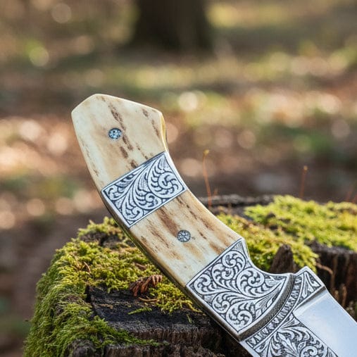 MALIKA KNIVES simple D2 Hunting Knife Antler Handle Engraved Blade