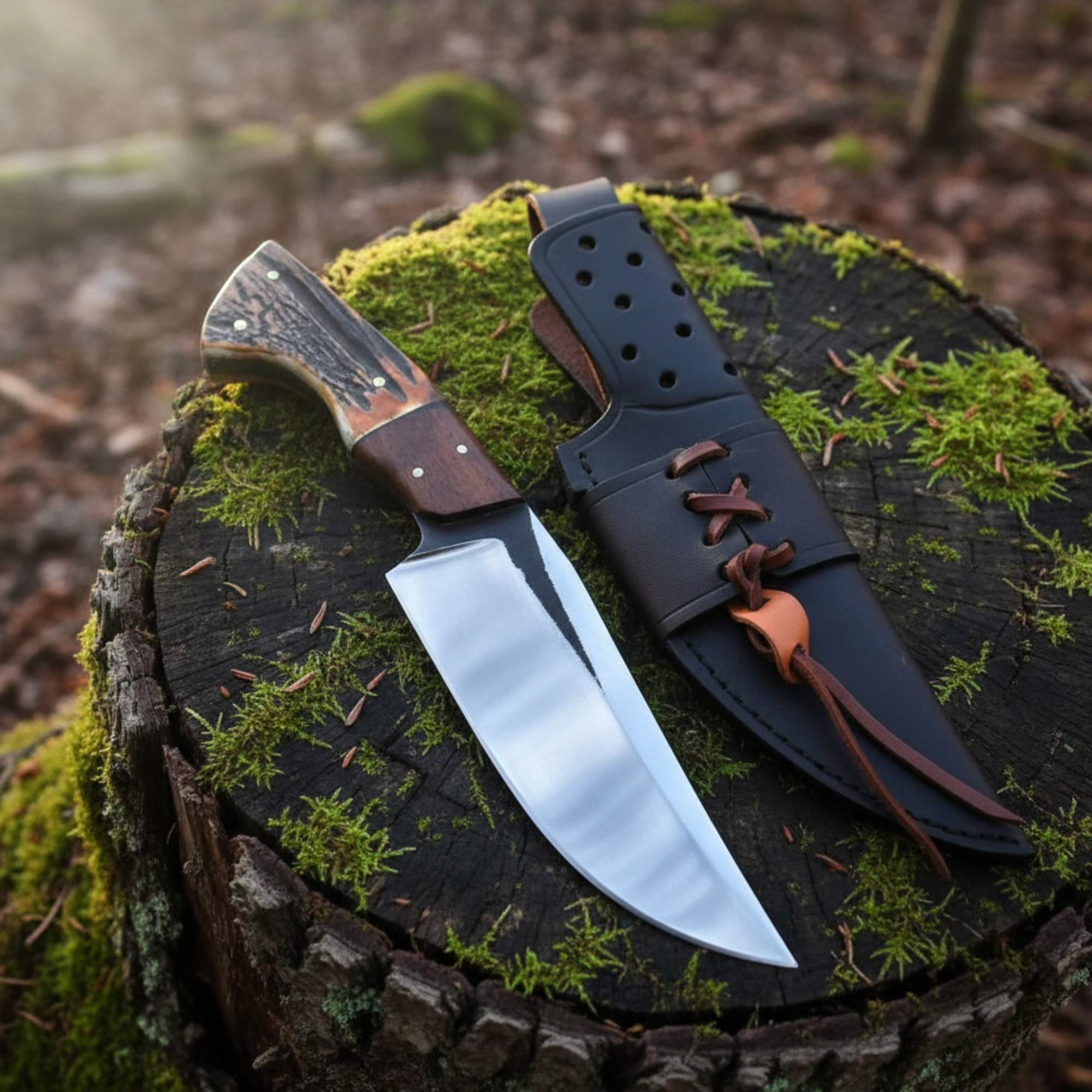MALIKA KNIVES simple D2 Hunting Knife Antler Handle Rosewood Full Tang
