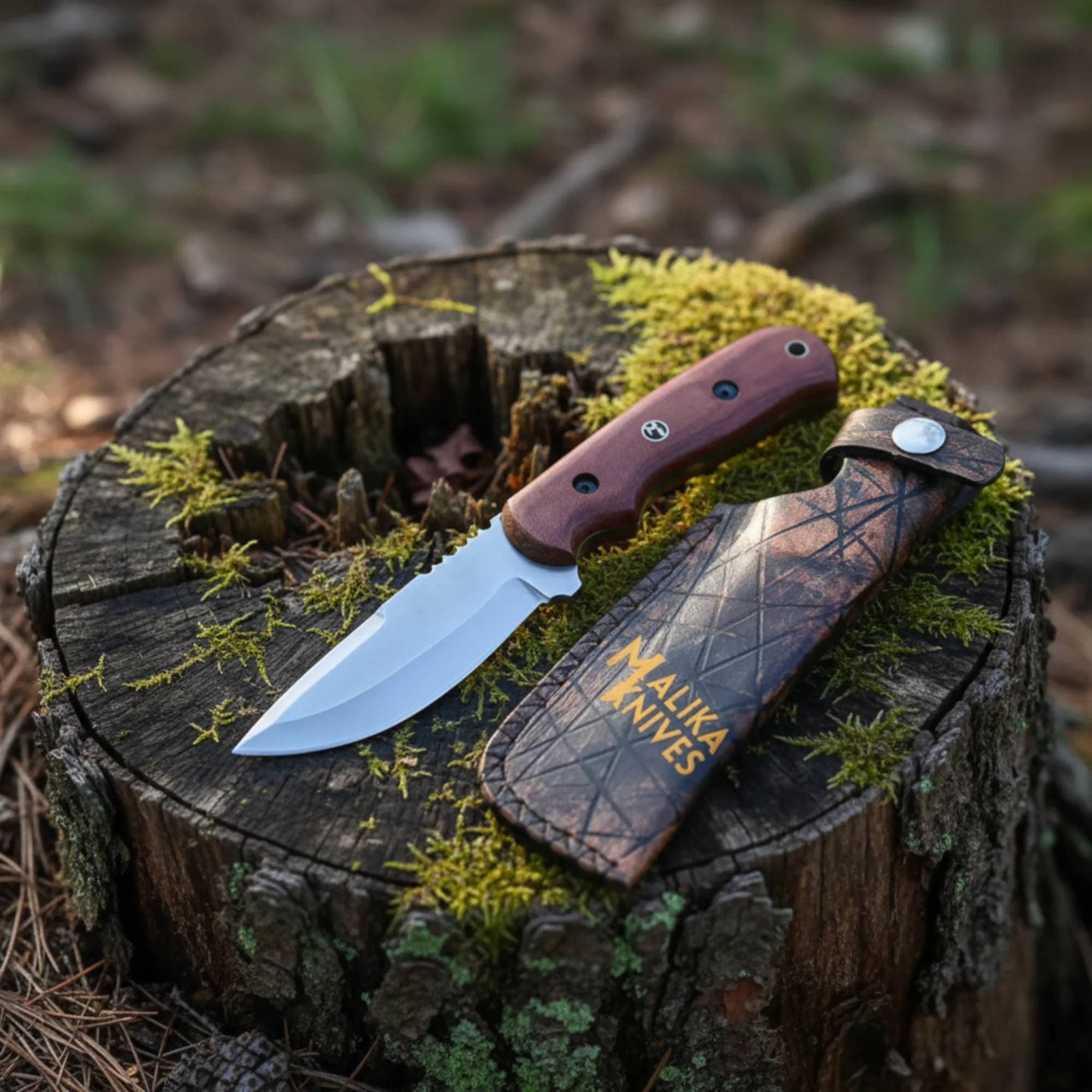 MALIKA KNIVES simple D2 Hunting Knife Blue Creek | Leather Sheath