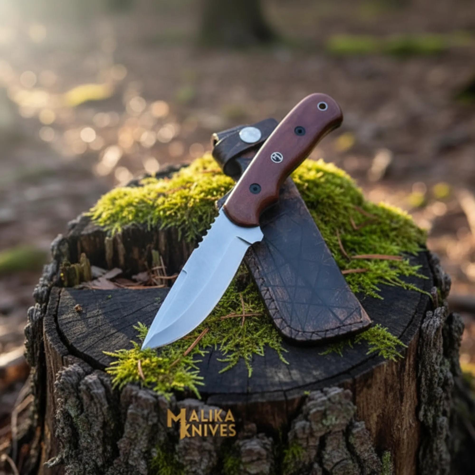 MALIKA KNIVES simple D2 Hunting Knife Blue Creek | Leather Sheath