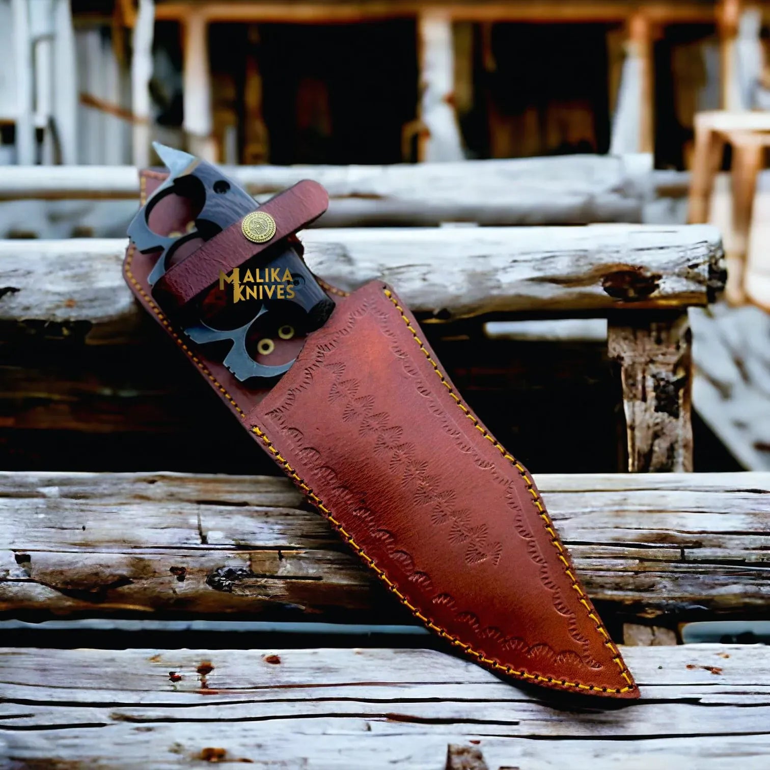 MALIKA KNIVES simple D2 Knuckle Bowie Knife Wenge Wood Full Tang Leather sheath