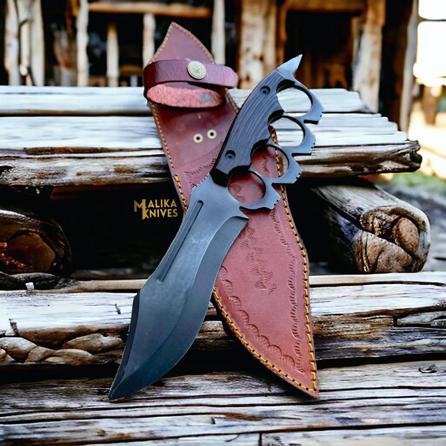 MALIKA KNIVES simple D2 Knuckle Bowie Knife Wenge Wood Full Tang Leather sheath