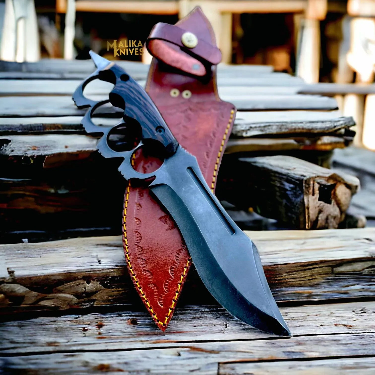 MALIKA KNIVES simple D2 Knuckle Bowie Knife Wenge Wood Full Tang Leather sheath