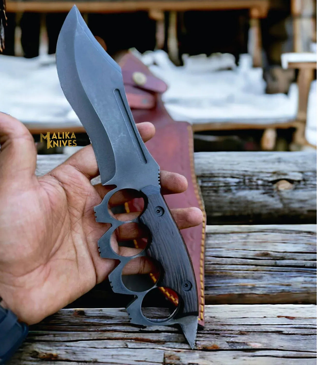 MALIKA KNIVES simple D2 Knuckle Bowie Knife Wenge Wood Full Tang Leather sheath