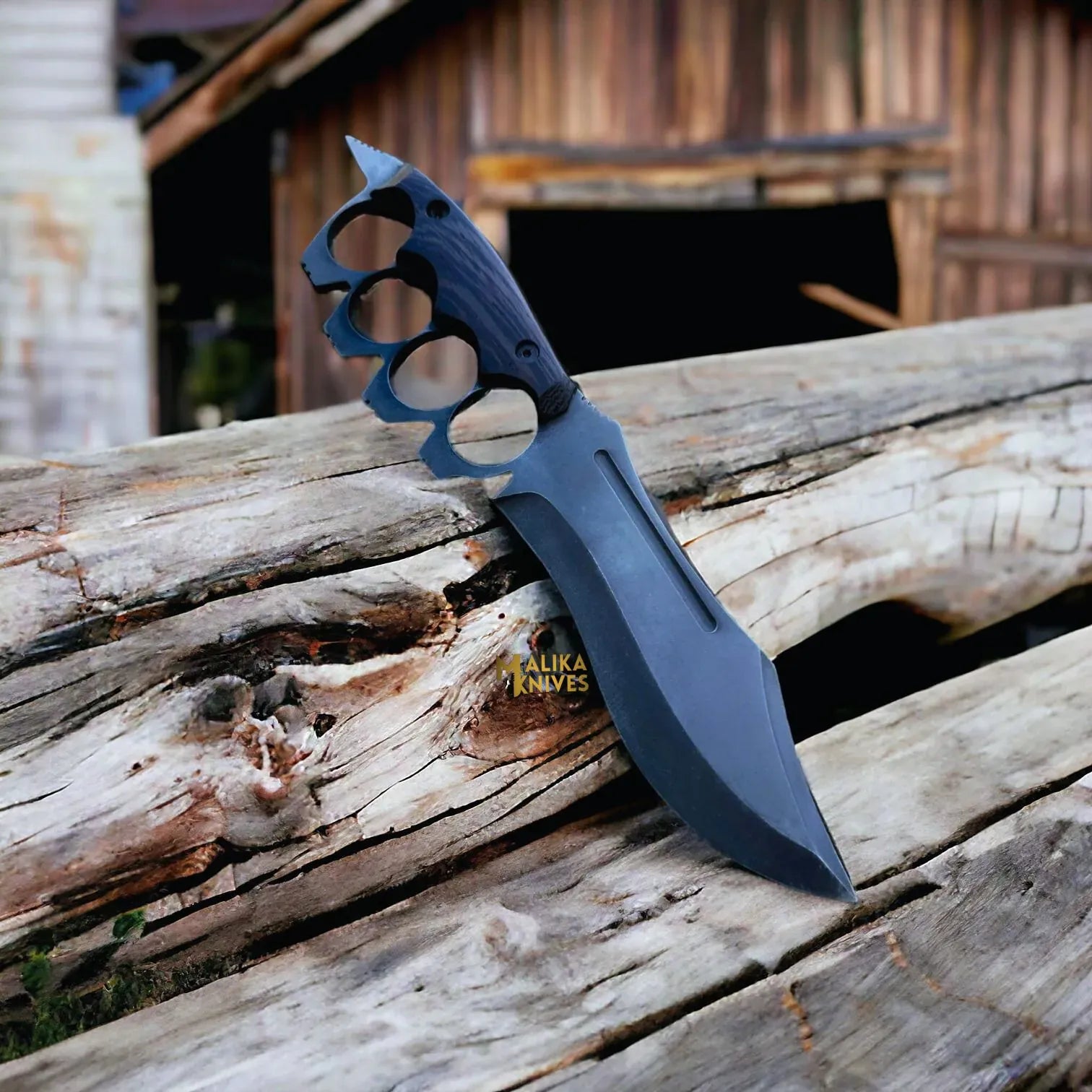 MALIKA KNIVES simple D2 Knuckle Bowie Knife Wenge Wood Full Tang Leather sheath