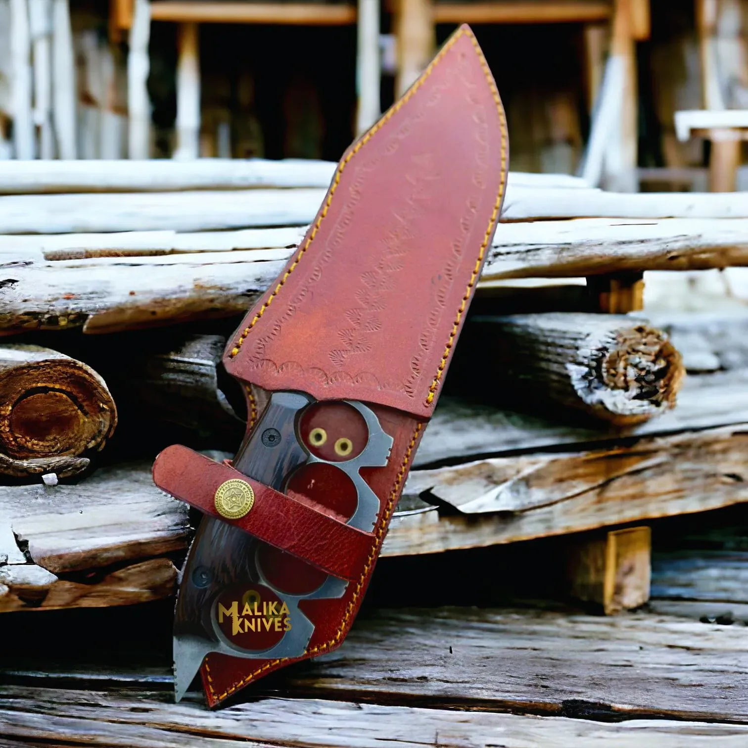 MALIKA KNIVES simple D2 Knuckle Bowie Knife Wenge Wood Full Tang Leather sheath