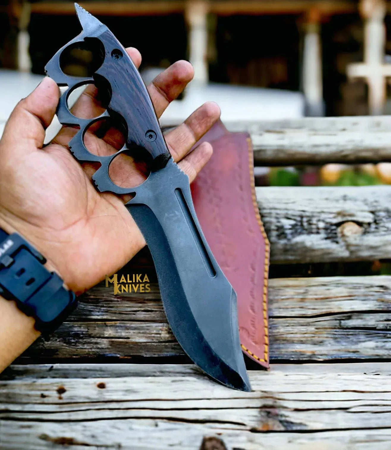 MALIKA KNIVES simple D2 Knuckle Bowie Knife Wenge Wood Full Tang Leather sheath