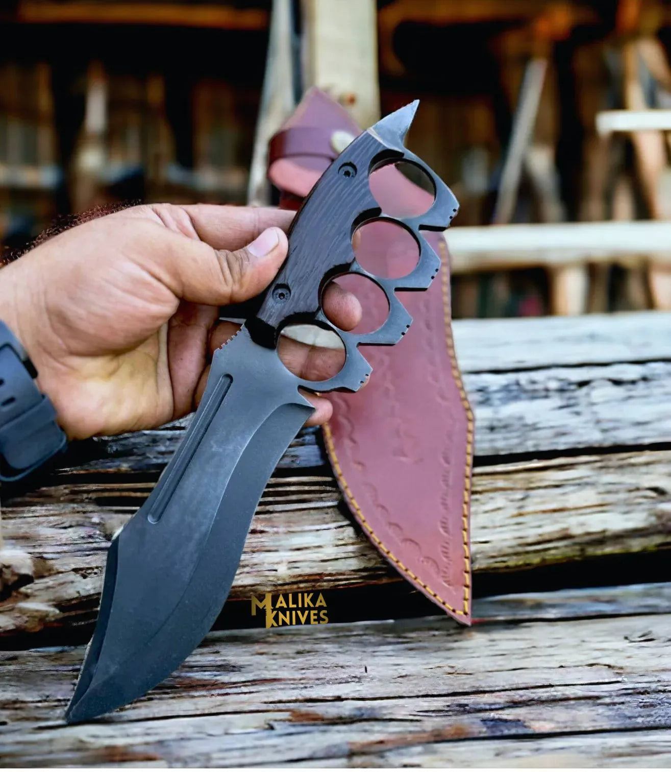 MALIKA KNIVES simple D2 Knuckle Bowie Knife Wenge Wood Full Tang Leather sheath