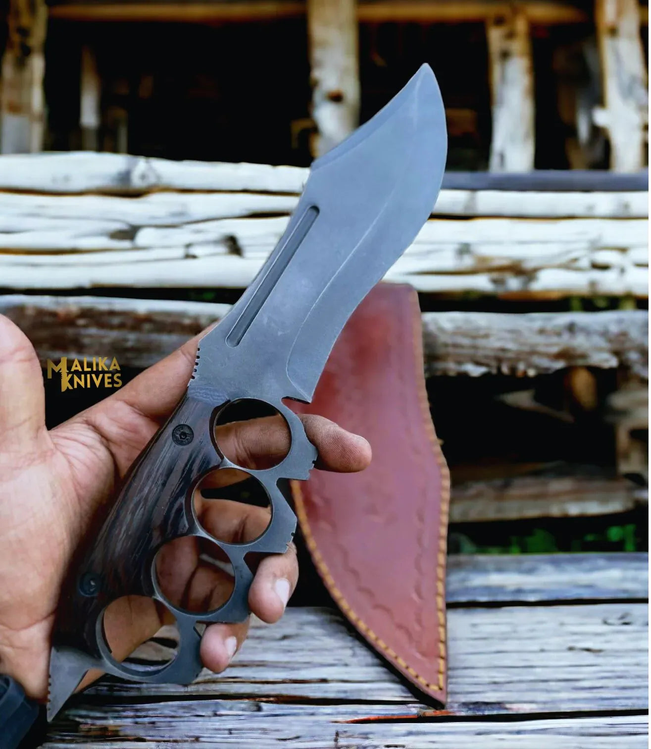 MALIKA KNIVES simple D2 Knuckle Bowie Knife Wenge Wood Full Tang Leather sheath