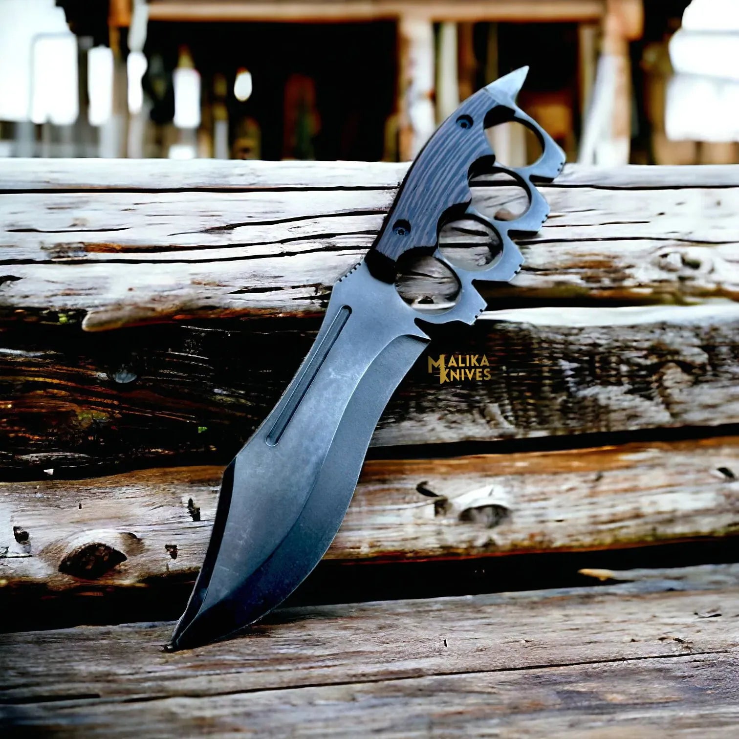 MALIKA KNIVES simple D2 Knuckle Bowie Knife Wenge Wood Full Tang Leather sheath