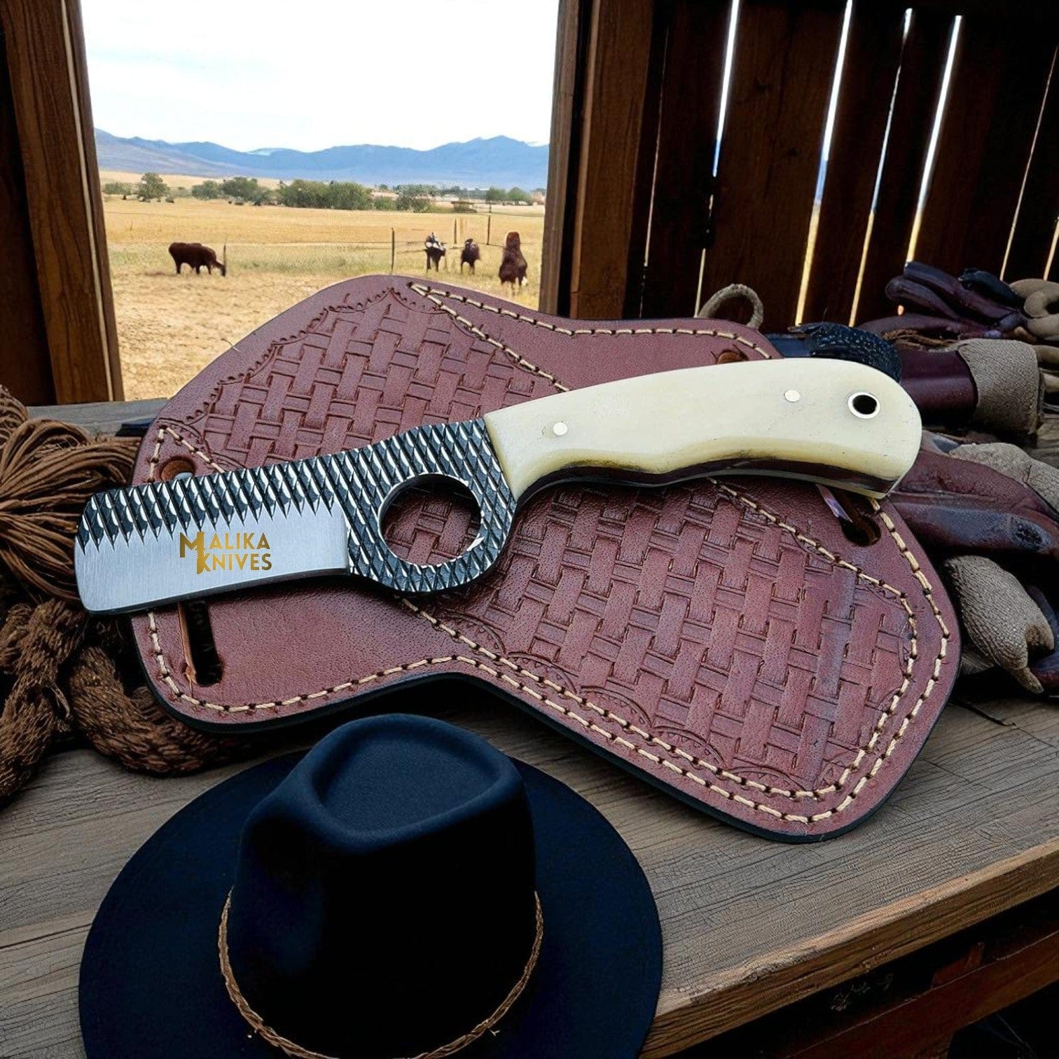 MALIKA KNIVES simple D2 Rasp Steel Bull Cutter Knife Camel Bone Handle