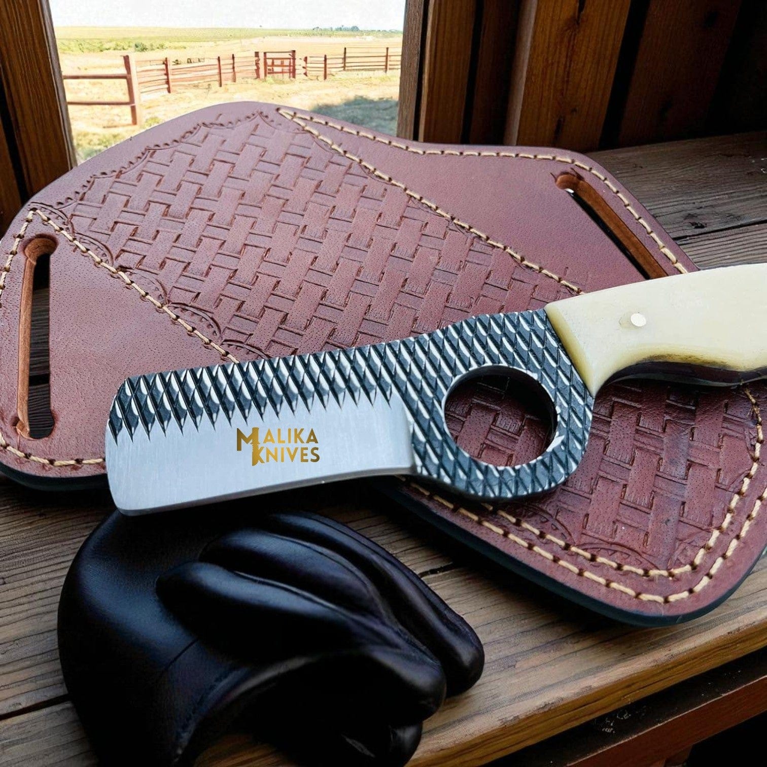 MALIKA KNIVES simple D2 Rasp Steel Bull Cutter Knife Camel Bone Handle