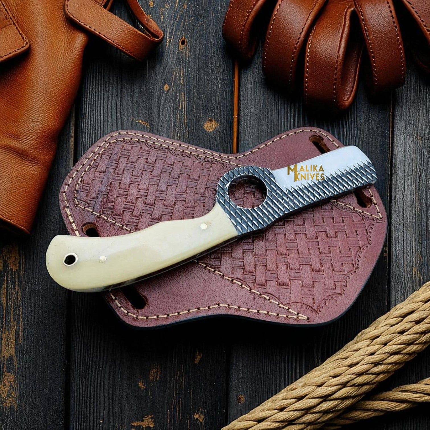 MALIKA KNIVES simple D2 Rasp Steel Bull Cutter Knife Camel Bone Handle