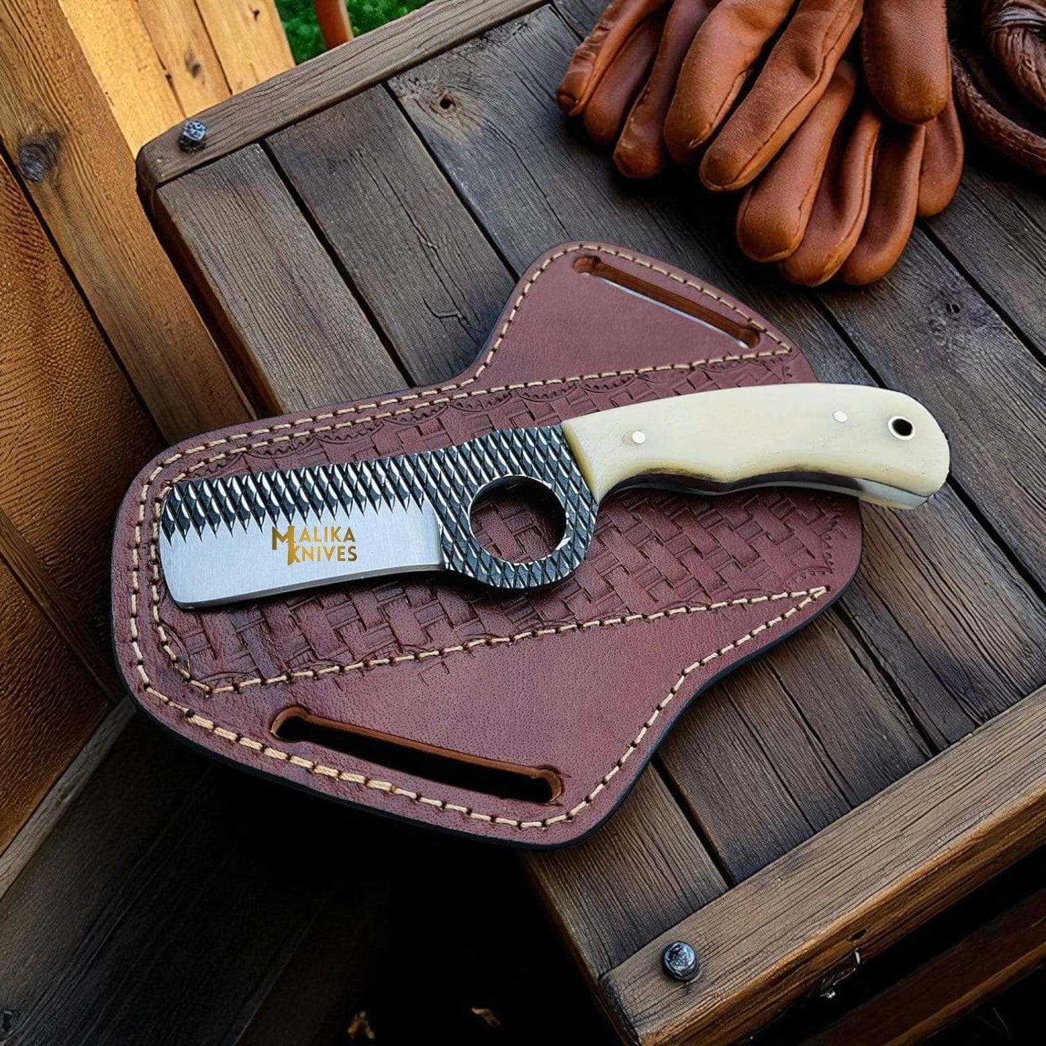 MALIKA KNIVES simple D2 Rasp Steel Bull Cutter Knife Camel Bone Handle