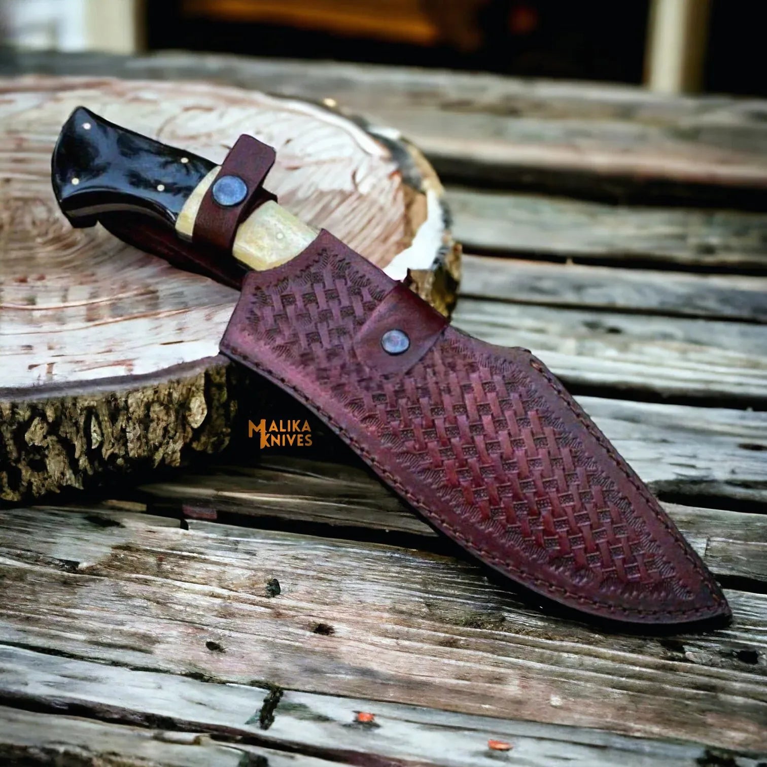 MALIKA KNIVES simple D2 Steel Bowie Knife | Camel Bone | Bull Horn Handle