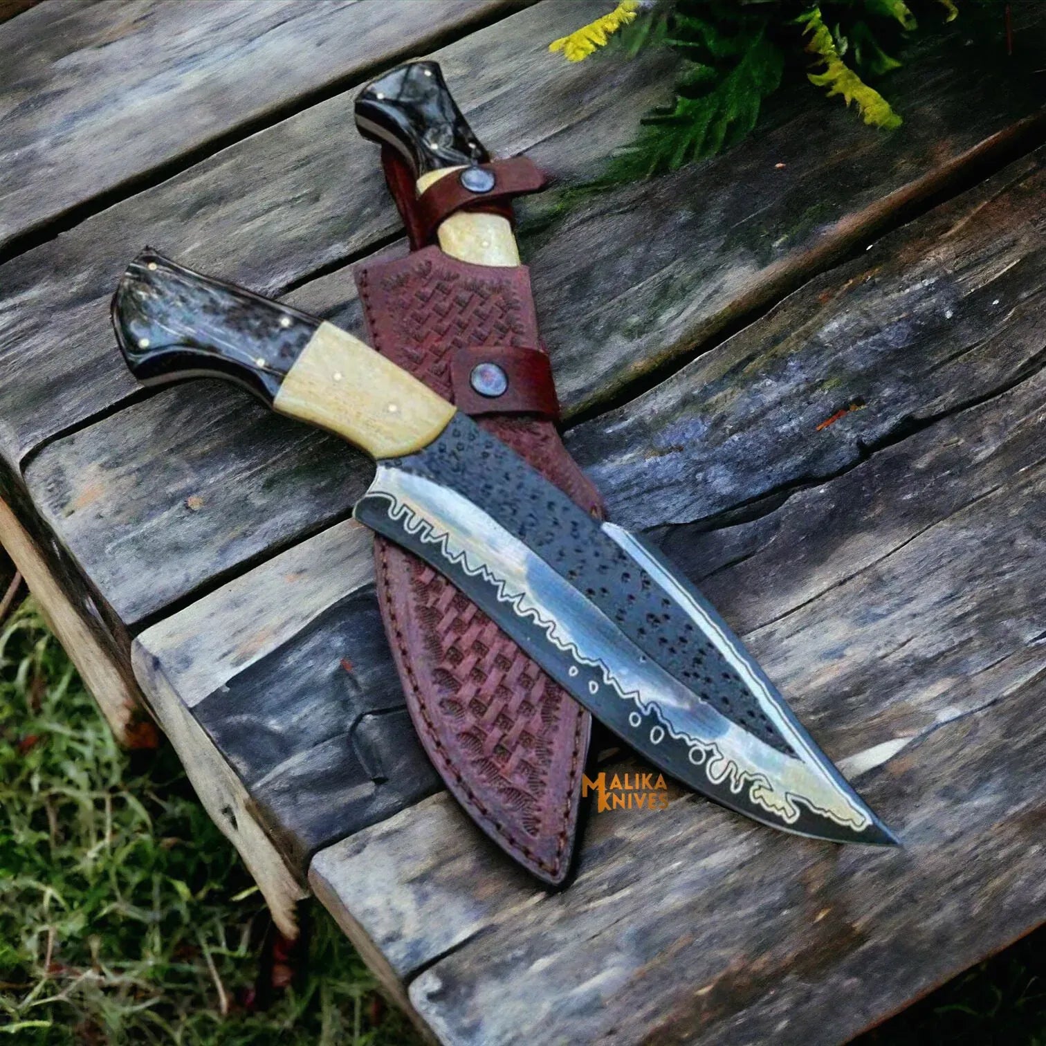 MALIKA KNIVES simple D2 Steel Bowie Knife | Camel Bone | Bull Horn Handle