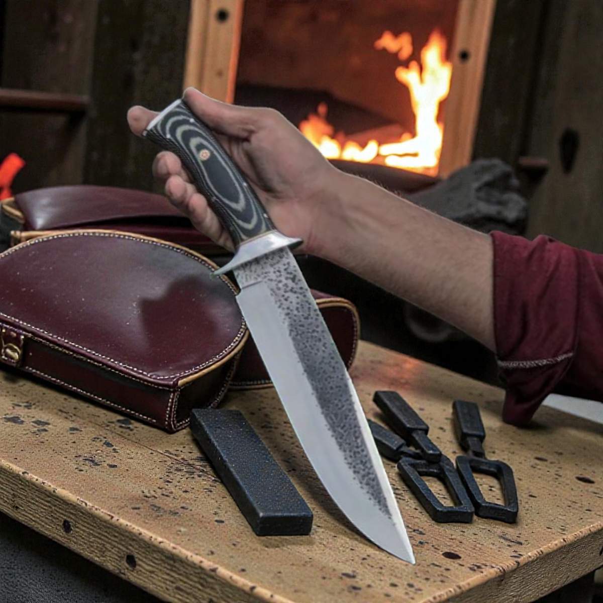 MALIKA KNIVES simple D2 Steel Bowie Knife G10 Handle Leather Sheath