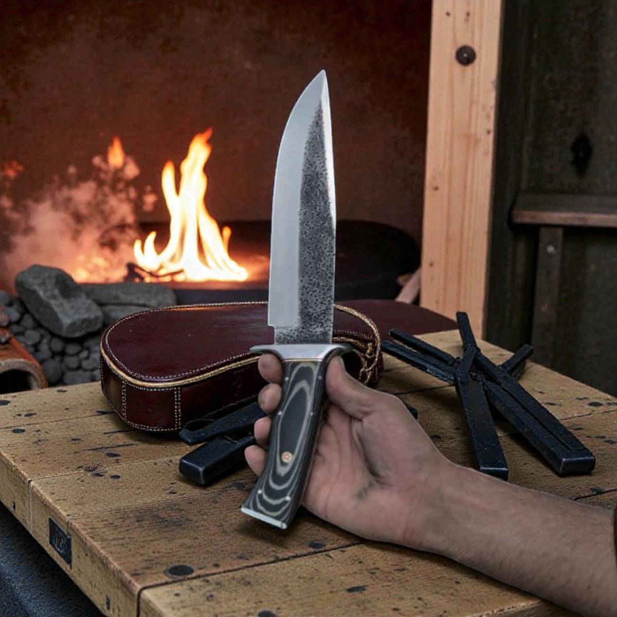 MALIKA KNIVES simple D2 Steel Bowie Knife G10 Handle Leather Sheath
