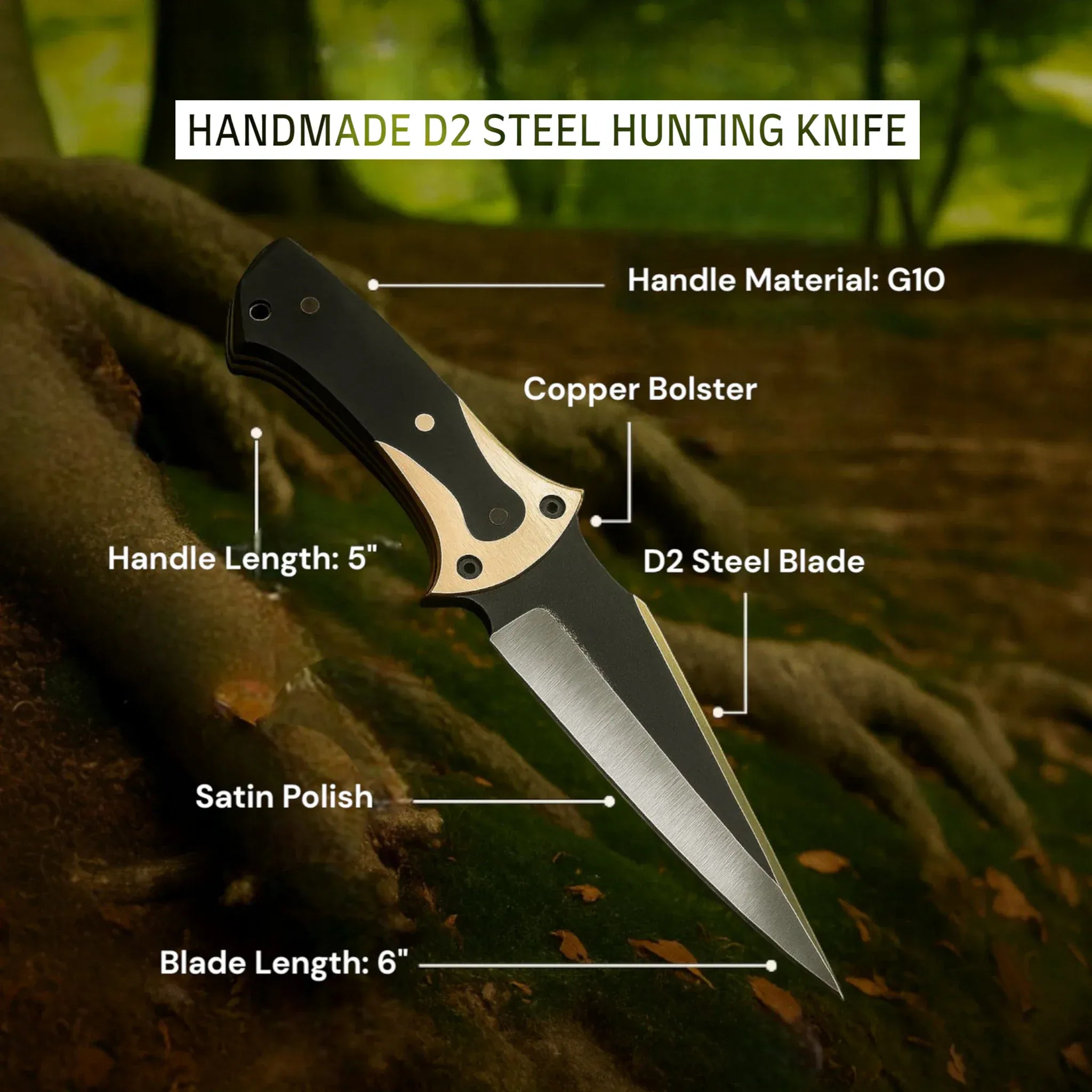 MALIKA KNIVES simple D2 Steel Hunting Knife with G10 Handle & Leather Sheath