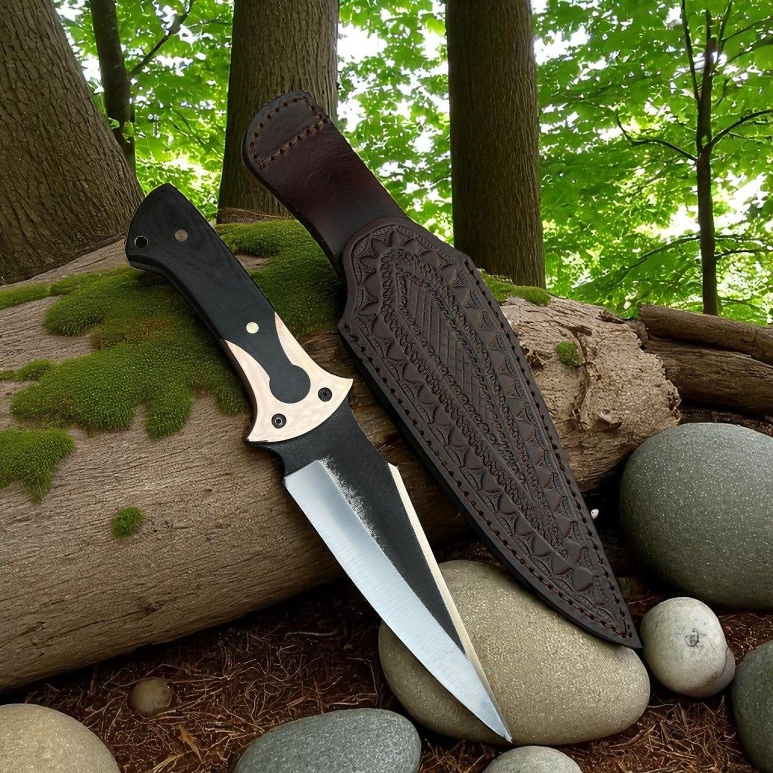 MALIKA KNIVES simple D2 Steel Hunting Knife with G10 Handle & Leather Sheath