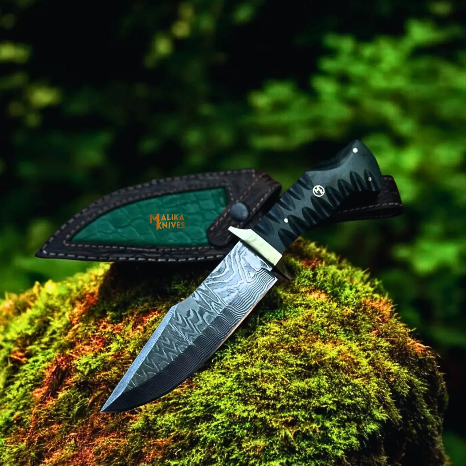 MALIKA KNIVES simple Damascus Bowie Hunting Knife with G10 Handle & Leather Sheath
