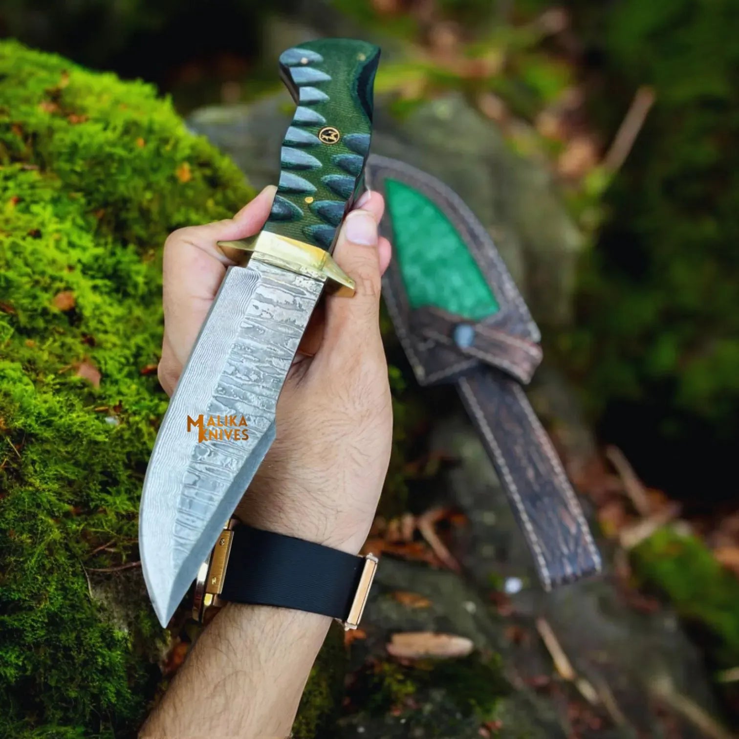 MALIKA KNIVES simple Damascus Bowie Hunting Knife with G10 Handle & Leather Sheath