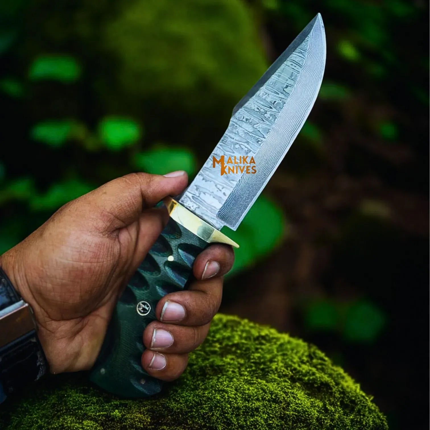 MALIKA KNIVES simple Damascus Bowie Hunting Knife with G10 Handle & Leather Sheath