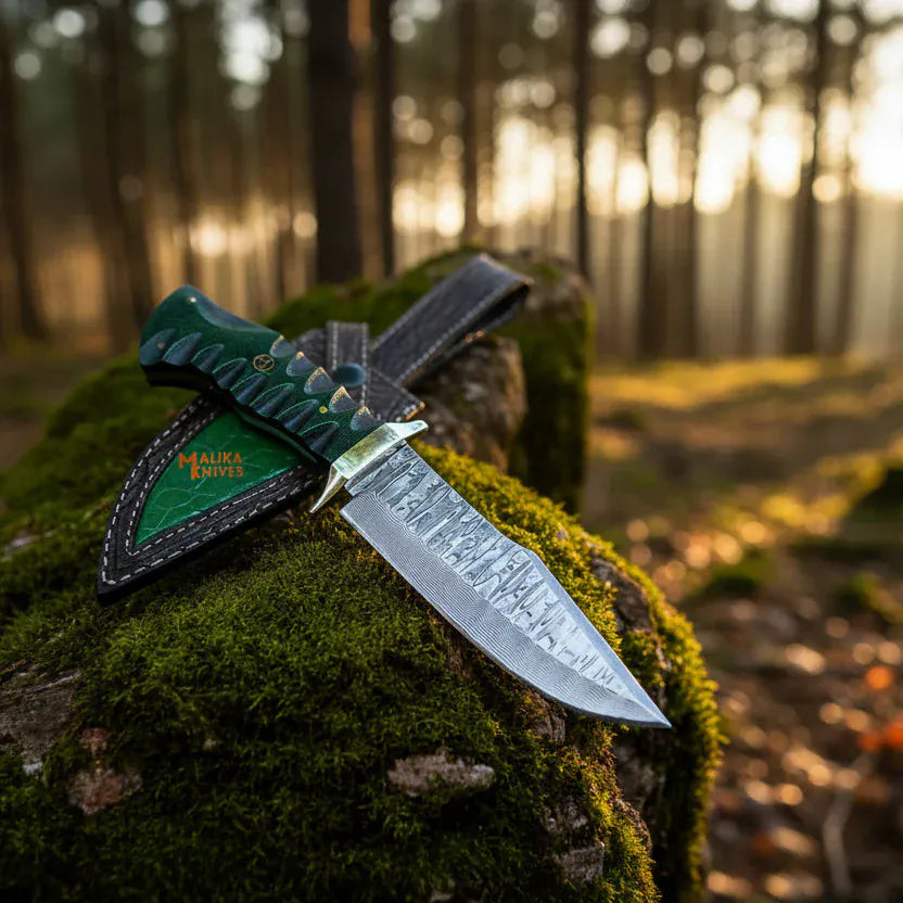 MALIKA KNIVES simple Damascus Bowie Hunting Knife with G10 Handle & Leather Sheath