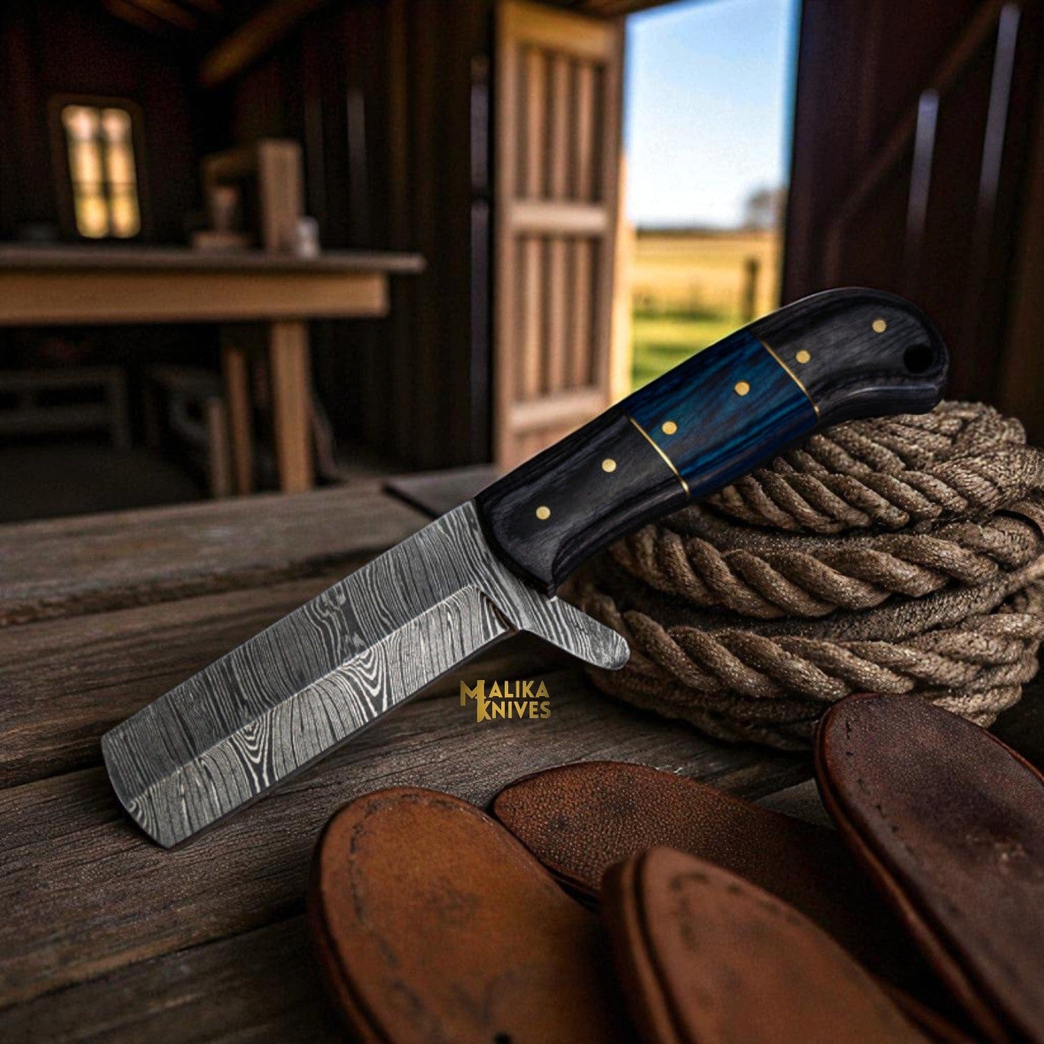 MALIKA KNIVES simple Damascus Bull Cutter Knife with Pakka Wood Handle