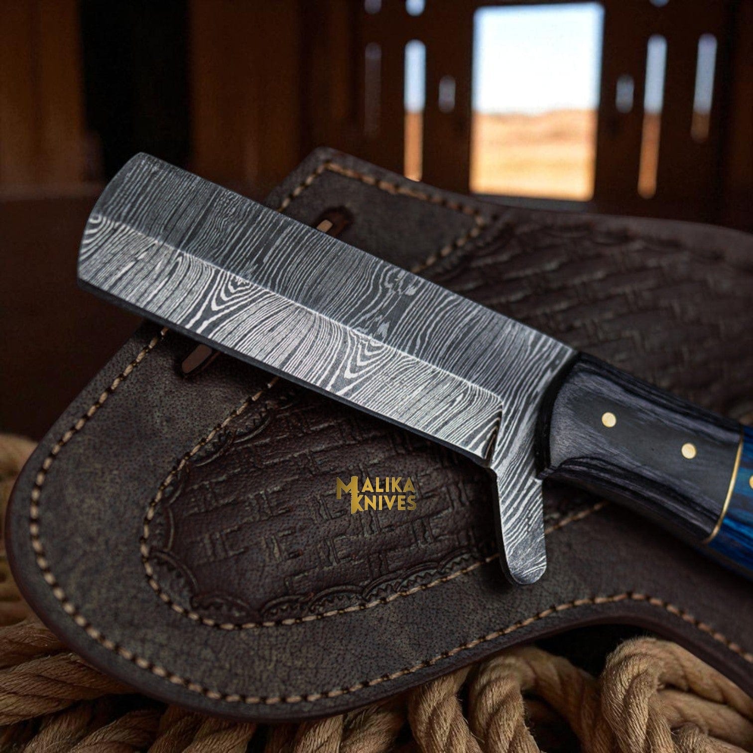 MALIKA KNIVES simple Damascus Bull Cutter Knife with Pakka Wood Handle