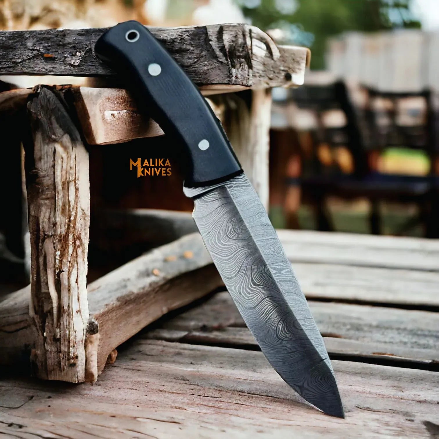 MALIKA KNIVES simple Damascus Bushcraft Hunting Knife Micarta Handle