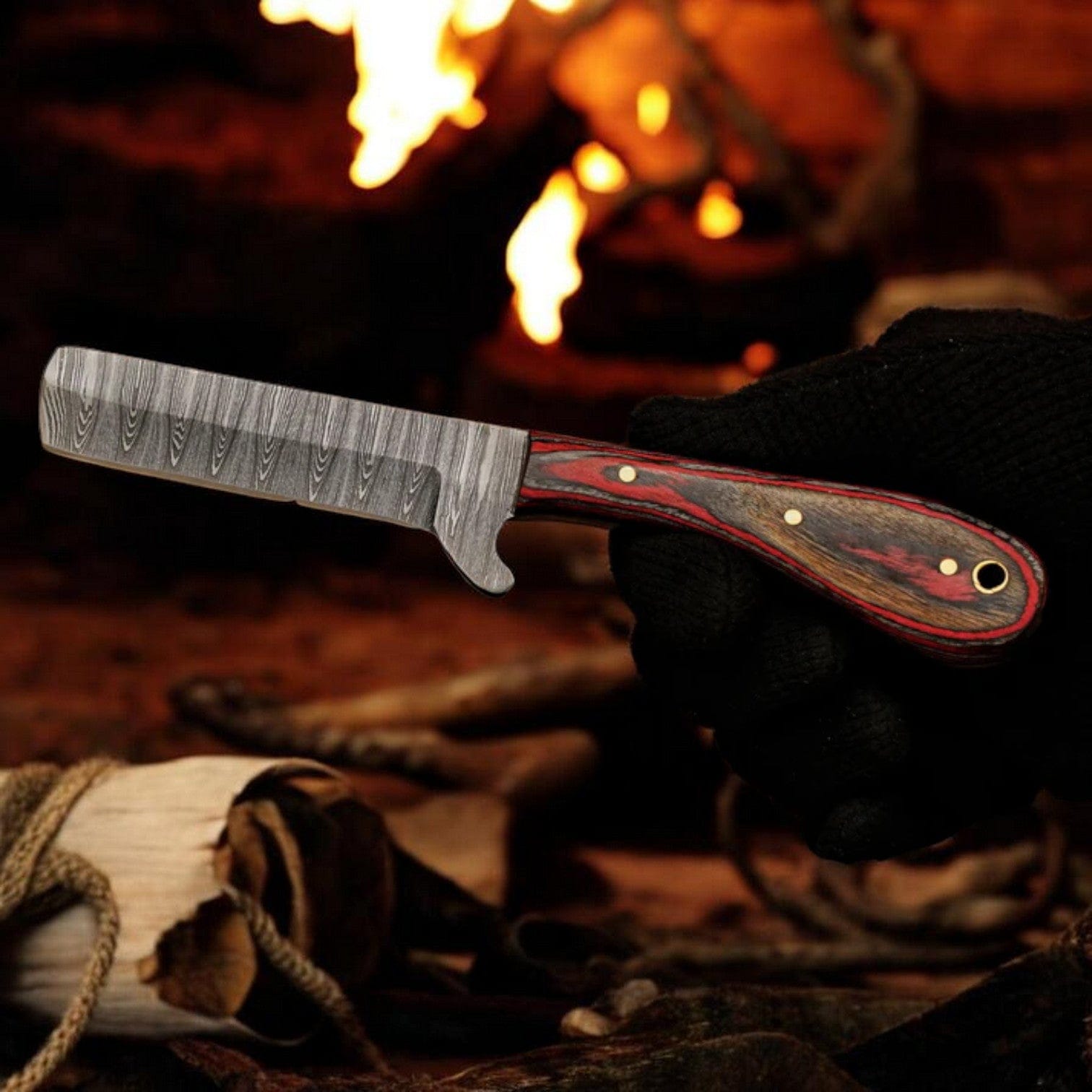 MALIKA KNIVES simple Damascus Cowboy Bull Cutter Knife | Red Pakka Wood | Pancake Sheath