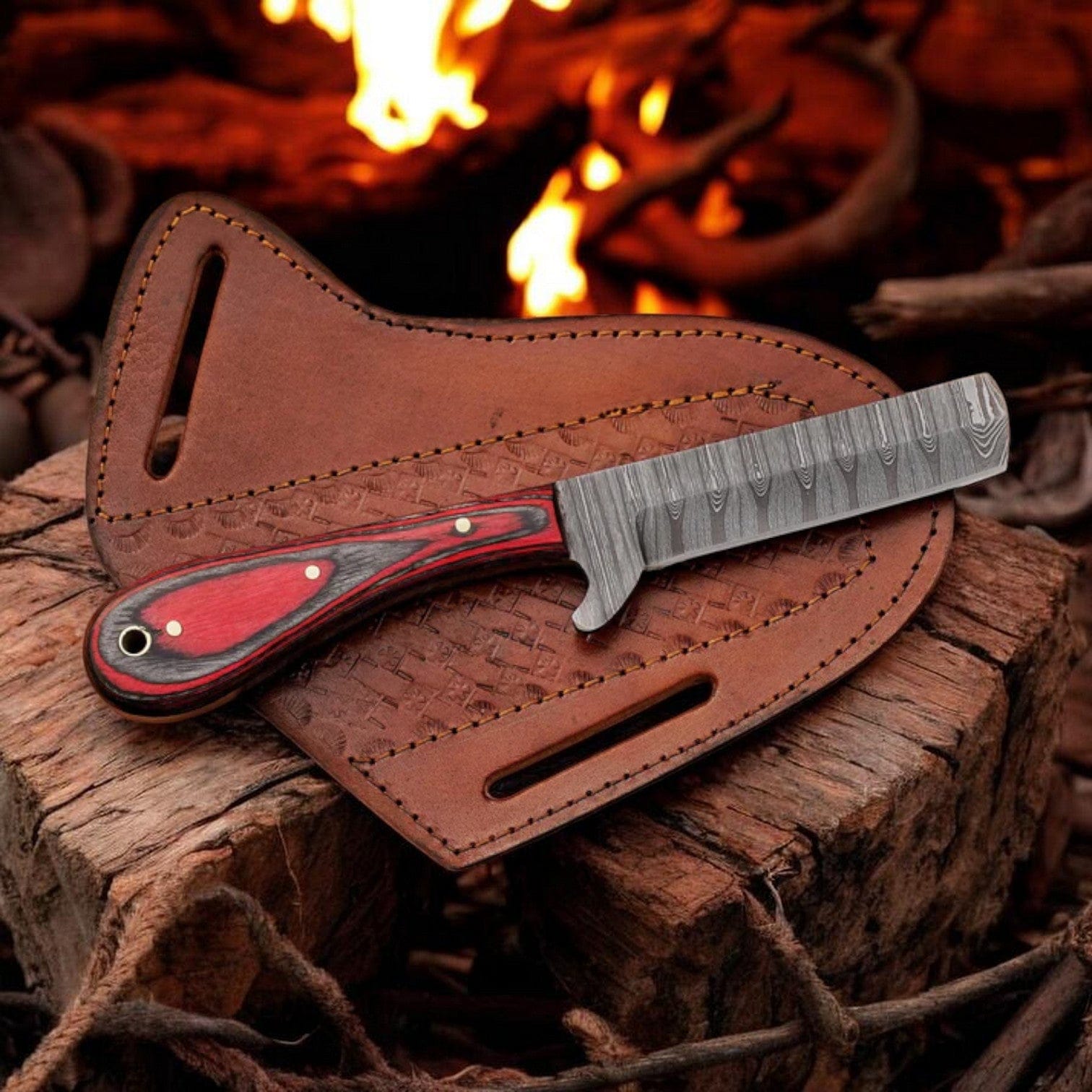 MALIKA KNIVES simple Damascus Cowboy Bull Cutter Knife | Red Pakka Wood | Pancake Sheath