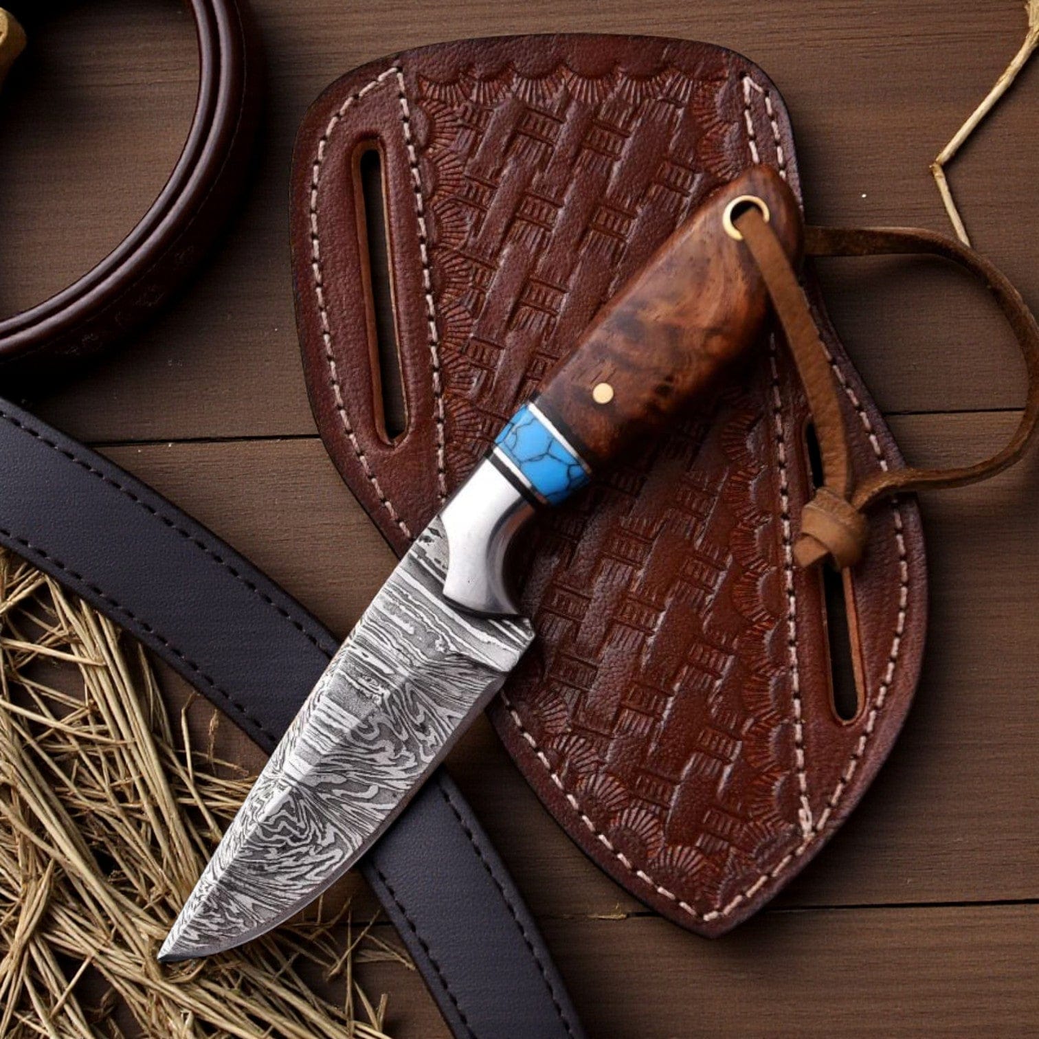 MALIKA KNIVES simple Damascus Cowboy Hunting Knife | Rosewood Handle | Pancake Sheath
