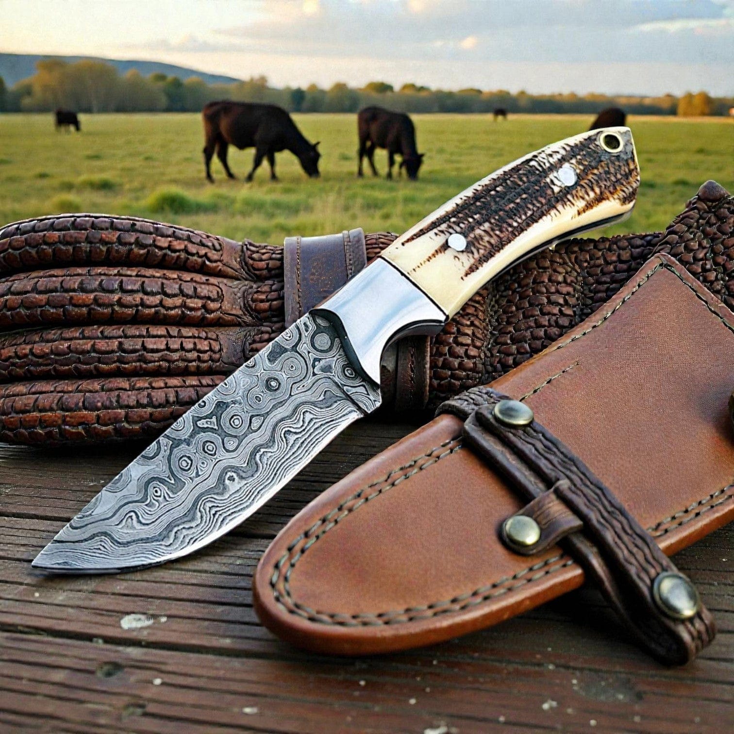 MALIKA KNIVES simple Damascus Cowboy Knife | Antler Handle | Pancake Leather Sheath